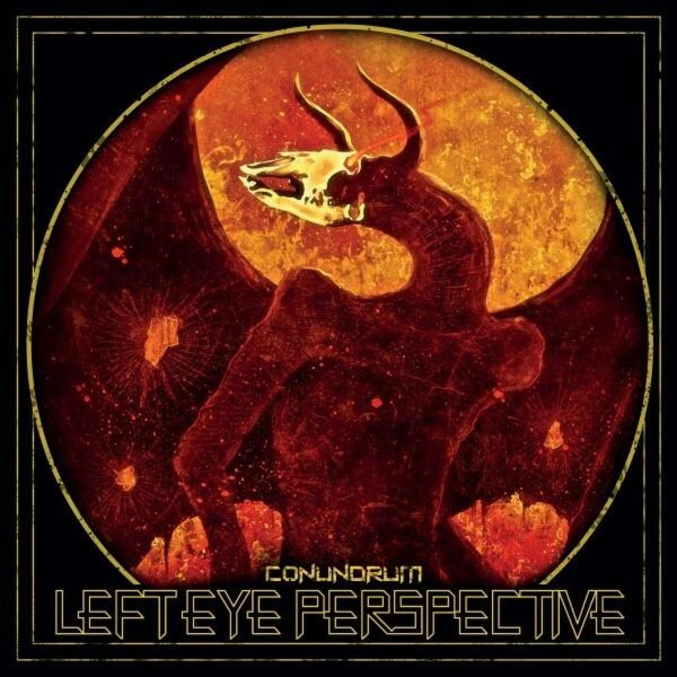 Copertina dell'album: 'Left Eye Perspective' di Conundrum. Un demone rosso con corna all'interno di una cornice dorata.