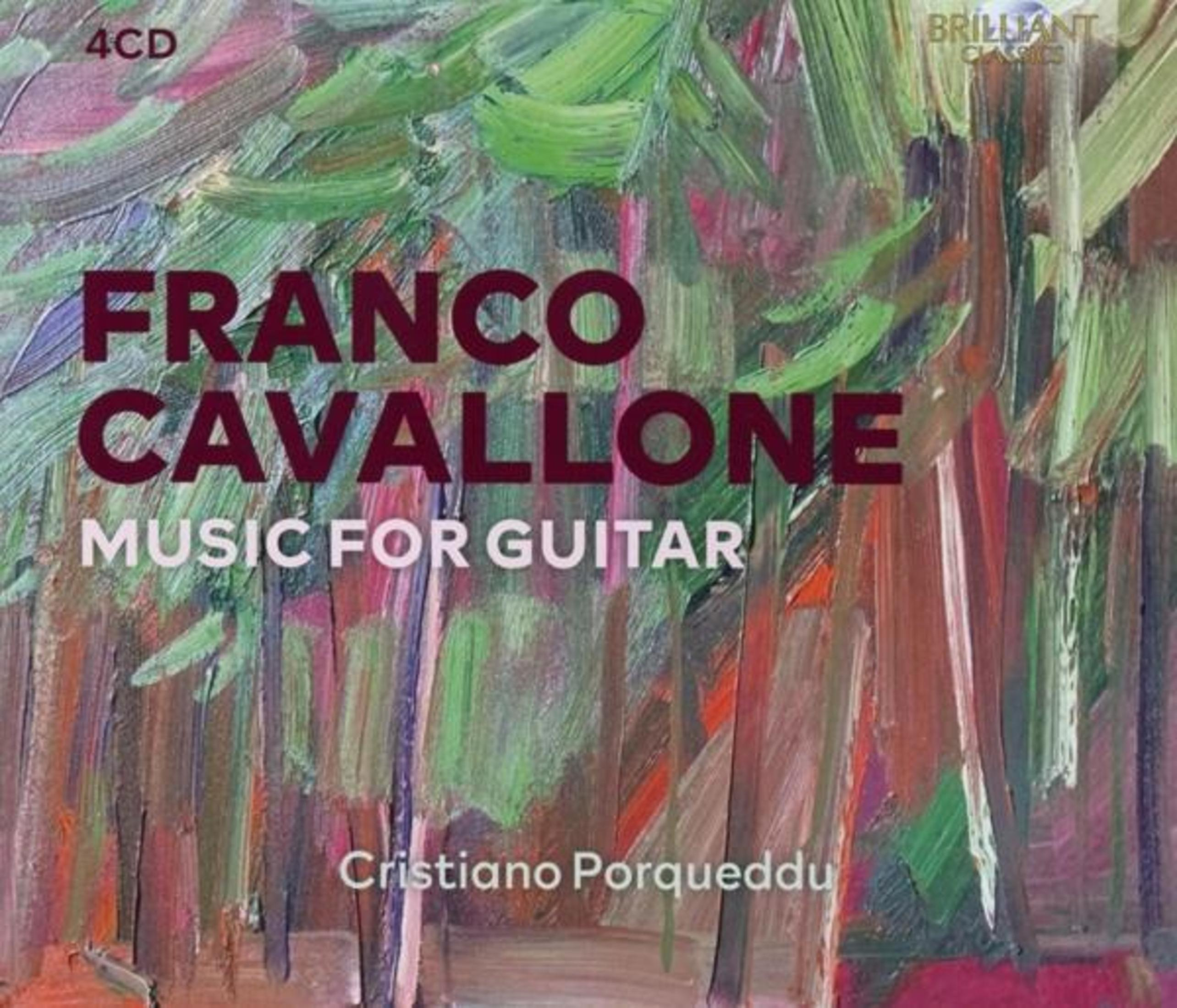 Pochette d'album : 'Franco Cavallone - Music for Guitar'. Fond d'art abstrait et coloré.