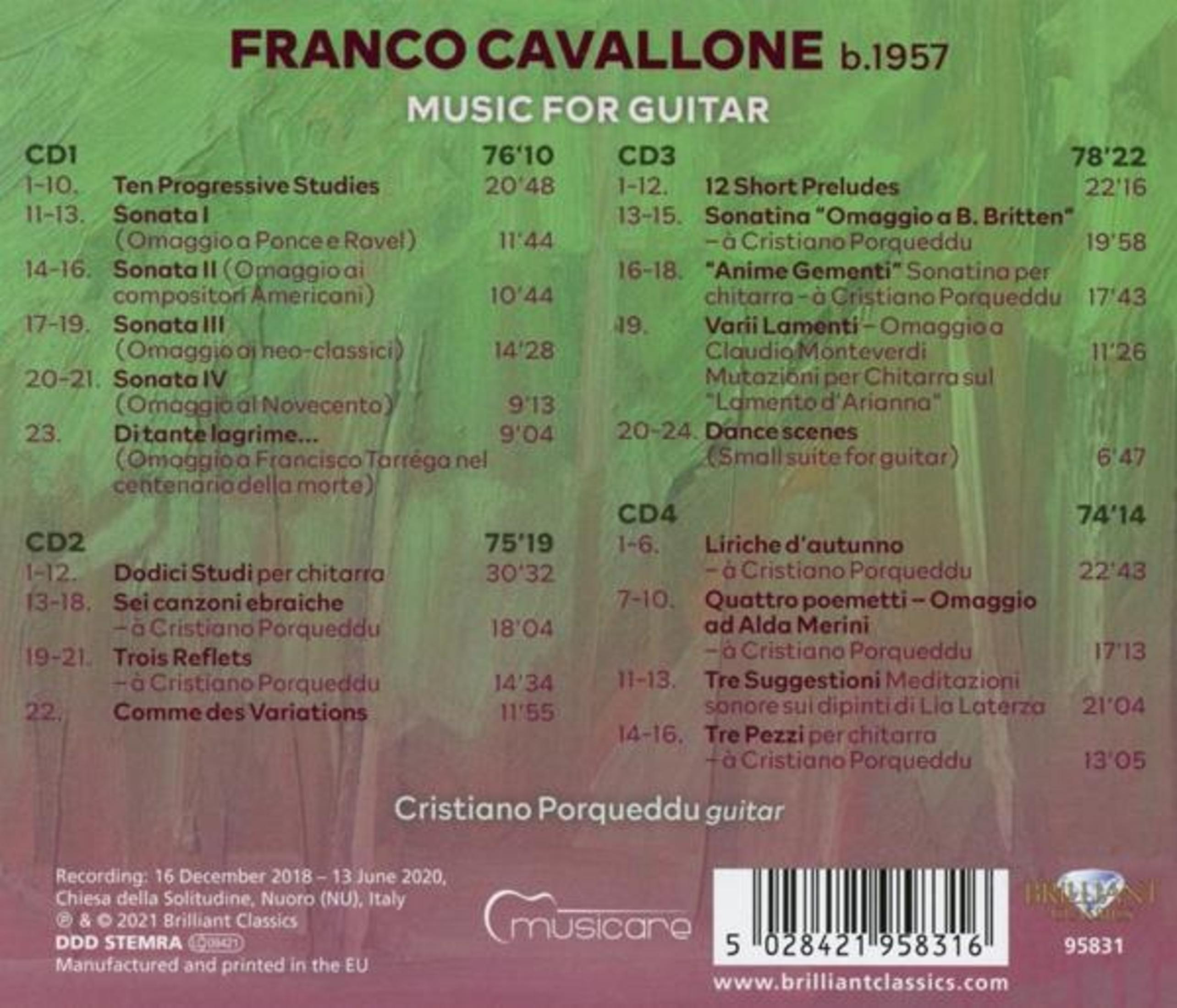 Pochette de l'album Music for Guitar. Liste les titres et les durées. 'Cristiano Porqueddu guitar'.