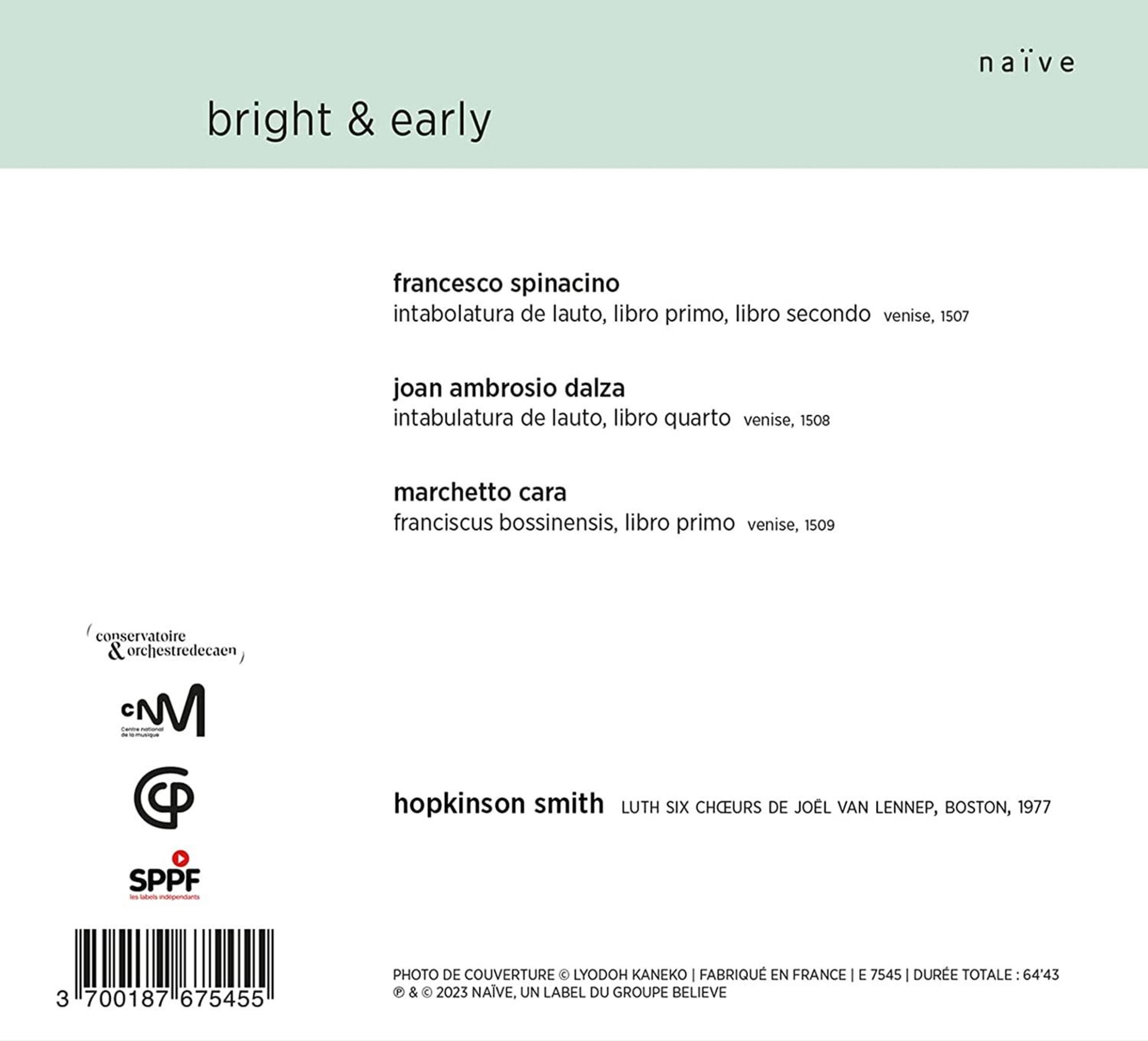 Copertina dell'album. Testo in bianco e nero. Le parole 'bright & early' e altro testo sono visibili.