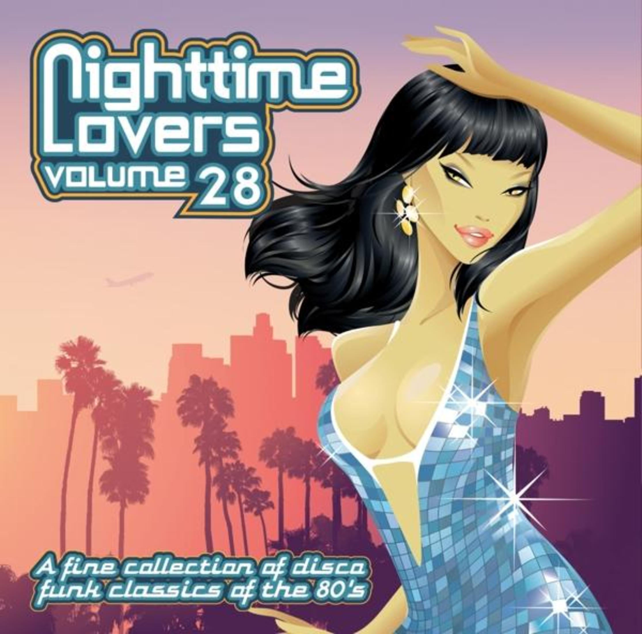 Albumhoes, Nighttime Lovers, vrouw in blauwe jurk, palmbomen en een stadsgezicht.