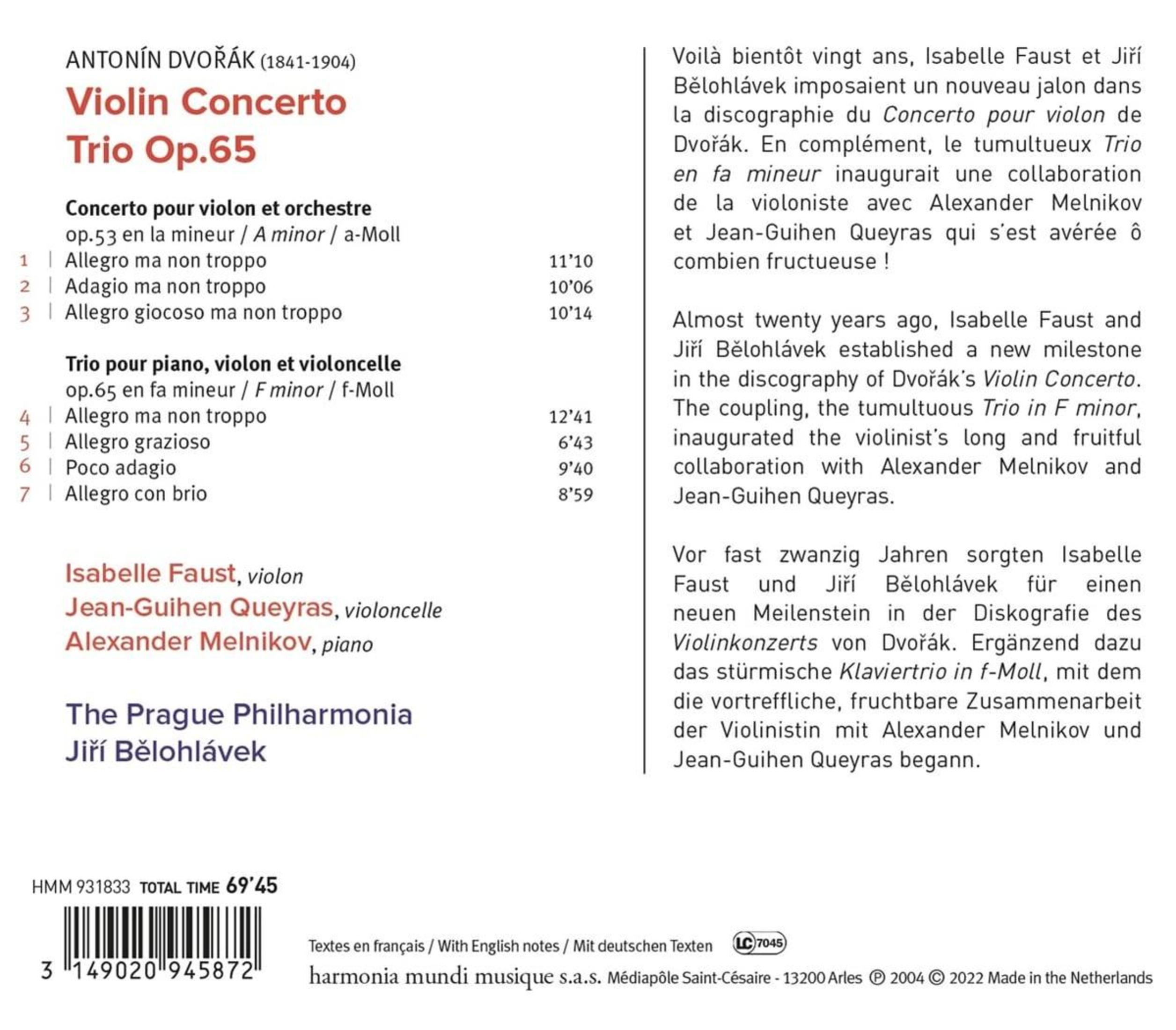 Dos d'un CD, détails sur un concerto pour violon de Dvořák.
