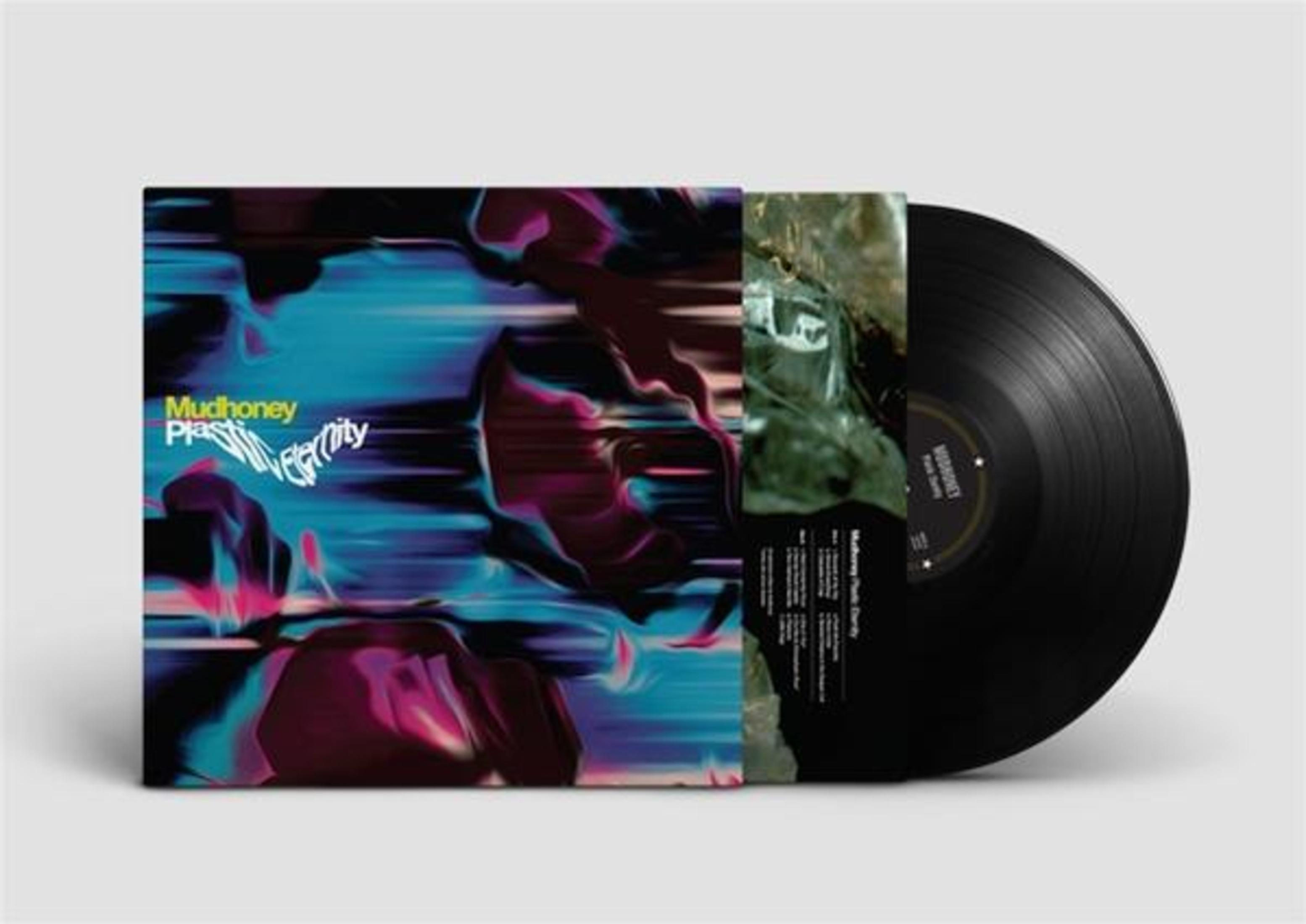 Pochette de l'album de Mudhoney, 'Plastic Eternity'. Design abstrait avec des teintes bleues et roses, disque vinyle noir.