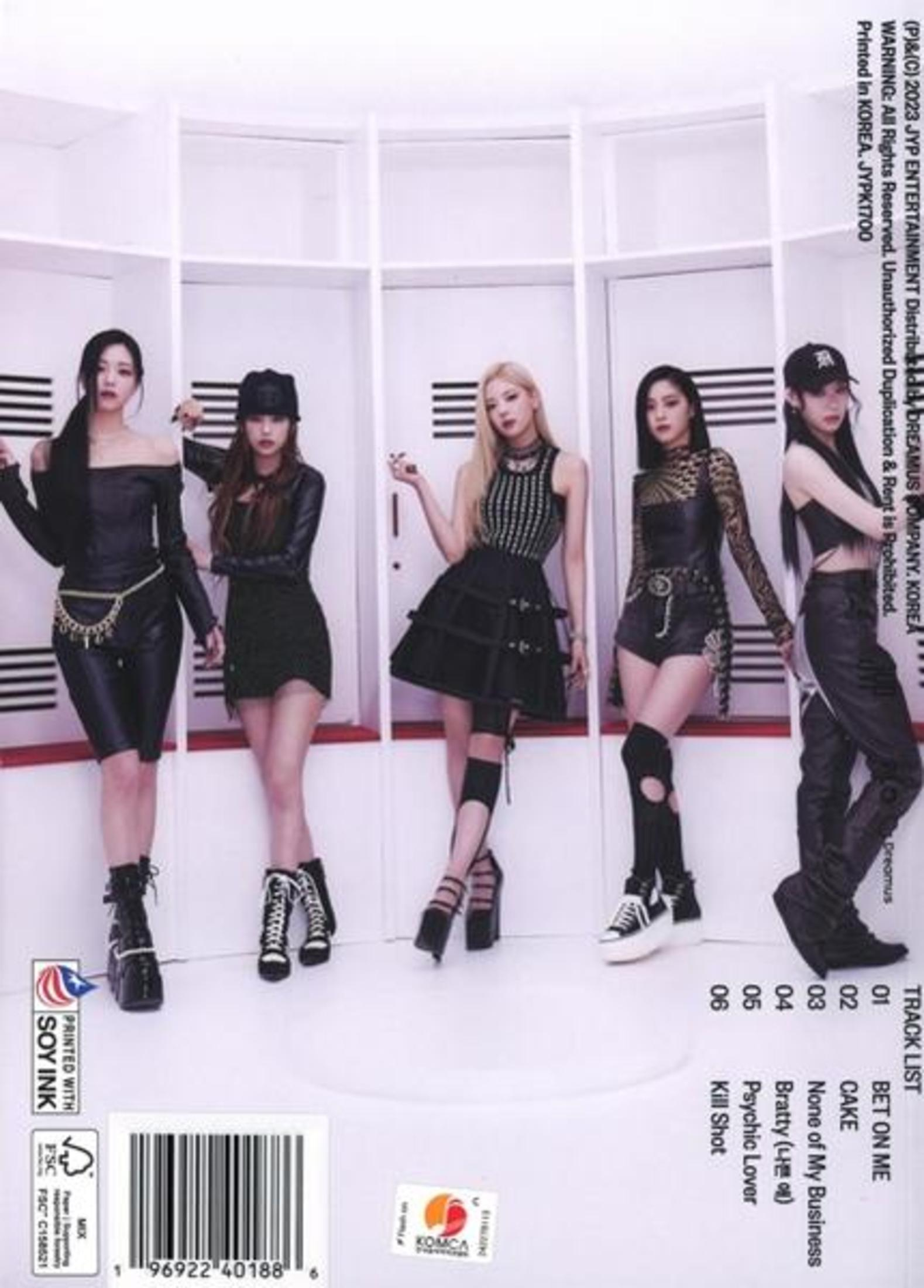 Back of an album cover with five women in a studio. The tracklist is on the right.