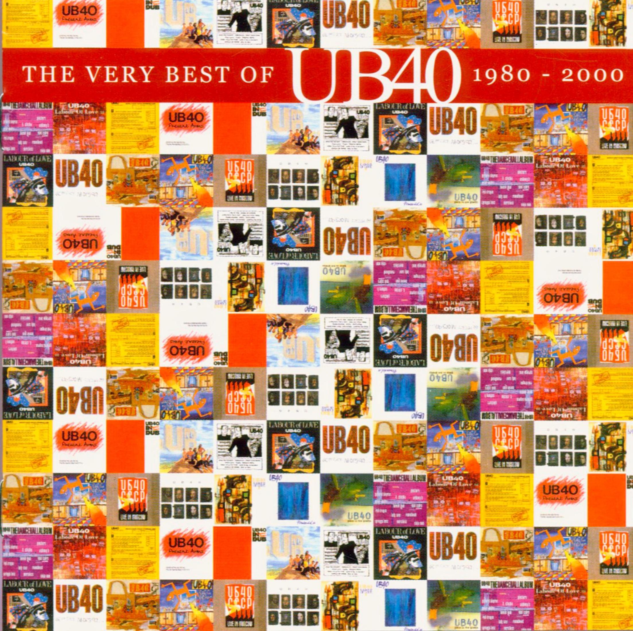 Collage de couverture d'album. Nombreuses pochettes d'album avec le logo UB40. Couleurs rouge, orange et blanc.
