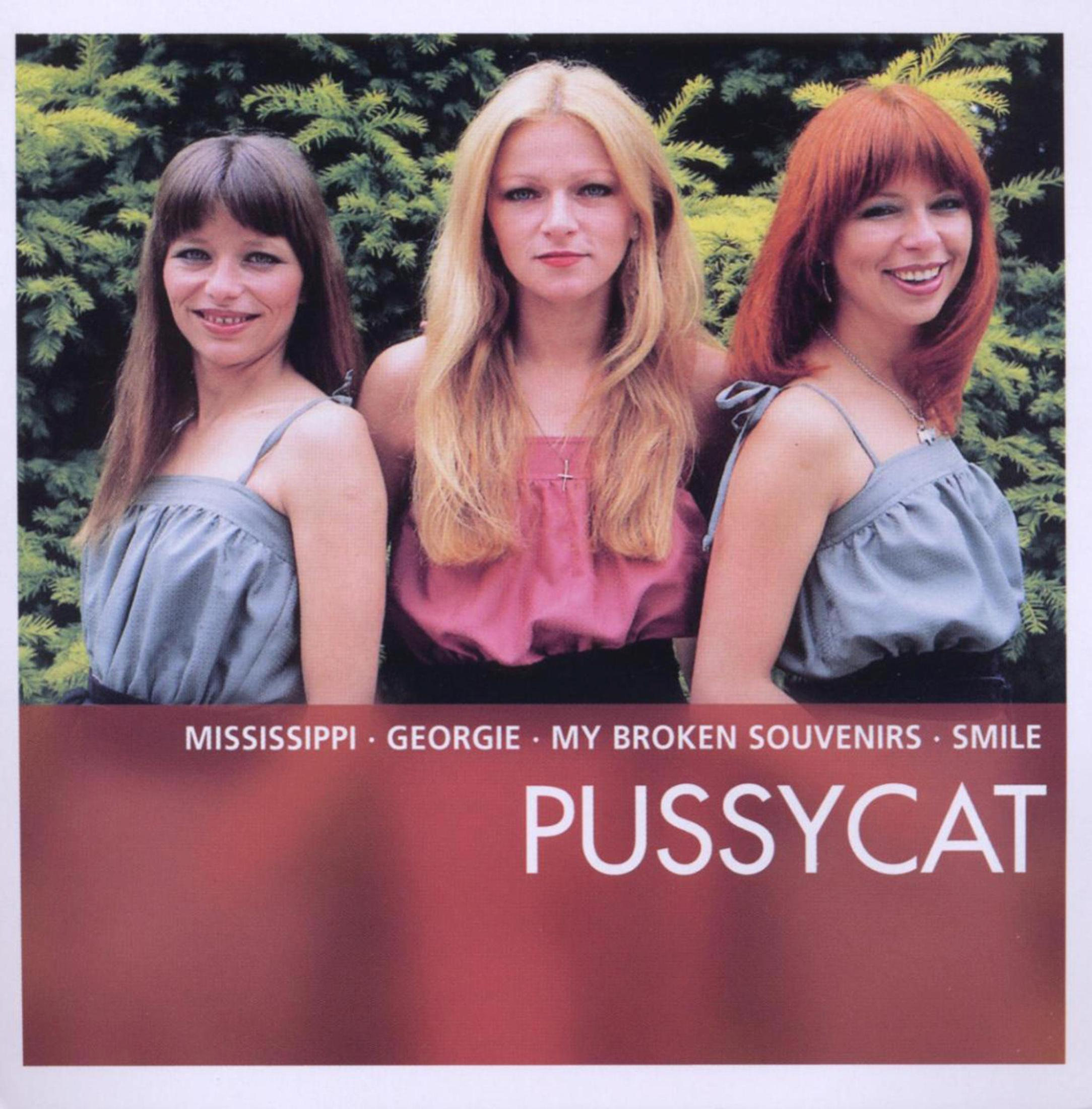 Drie vrouwen poseren voor een foto. Groene achtergrond. Het woord 'Pussycat' eronder.