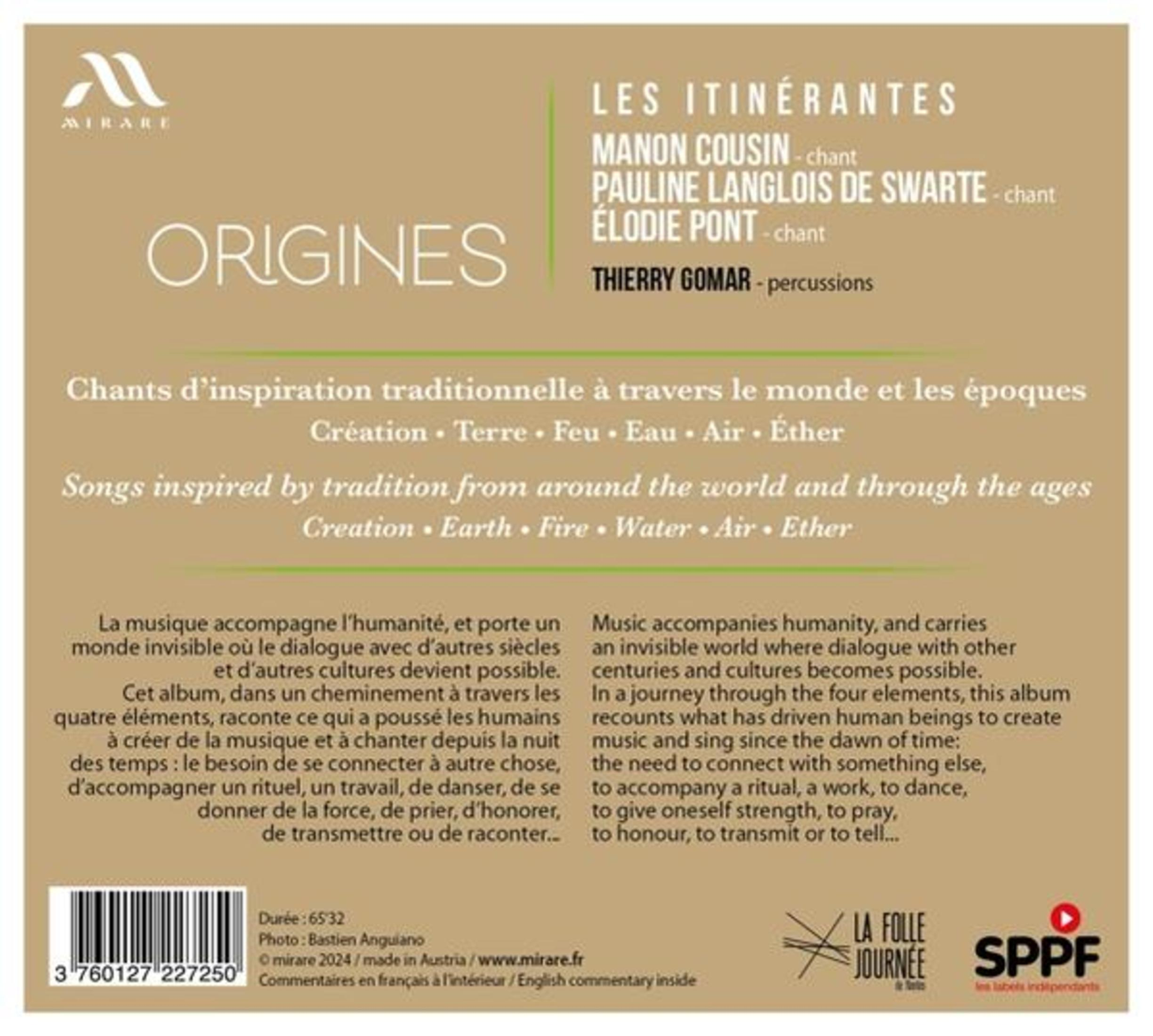 Tekst op beige achtergrond. Titel 'Origines' en een lijst met titels en credits.