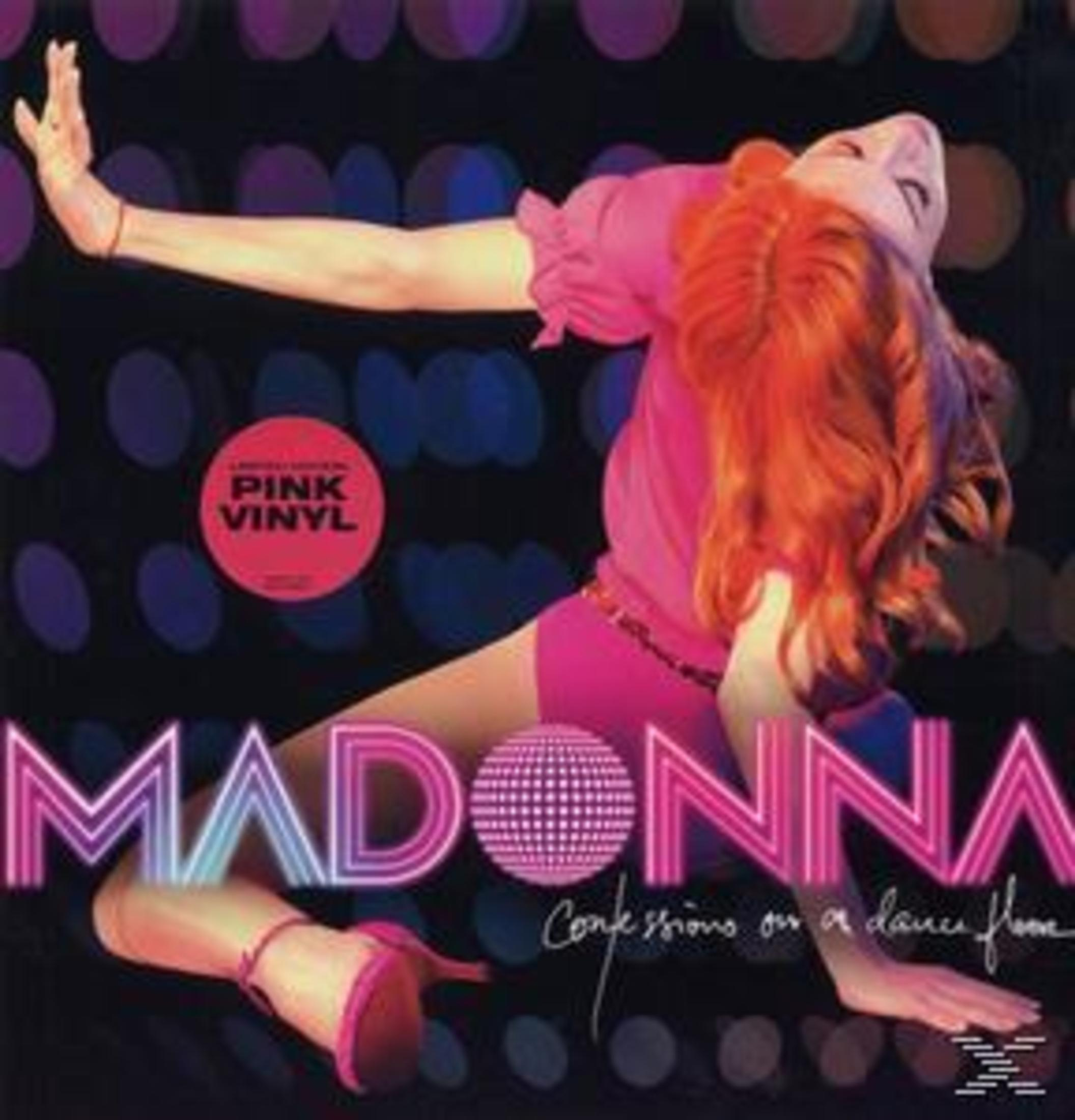 Copertina dell'album con Madonna in rosa, in posa con un braccio teso e il testo 'Confessions on a dance floor'.