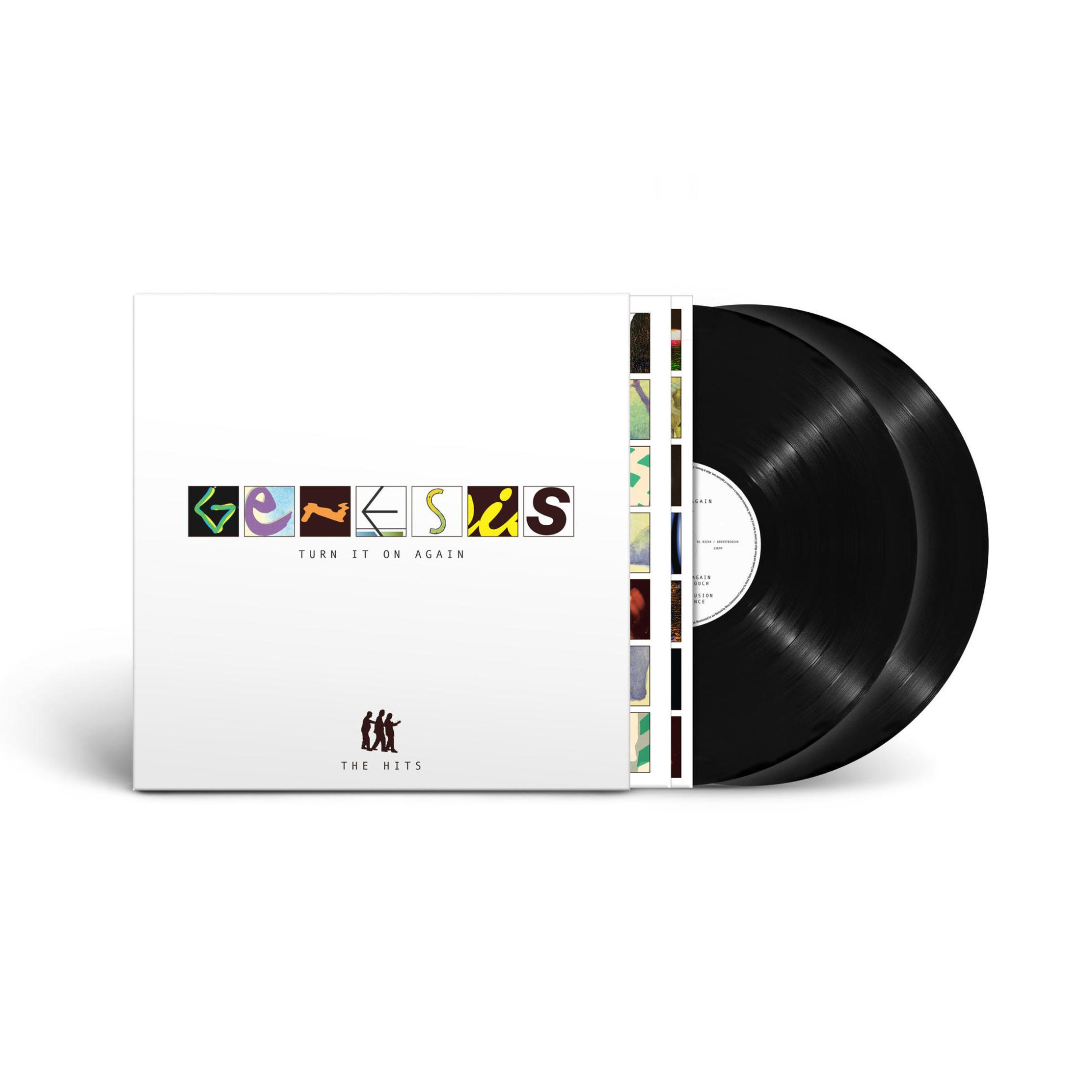 Portada del álbum de Genesis 'Turn It On Again'. Dos discos de vinilo negros son visibles a la derecha.