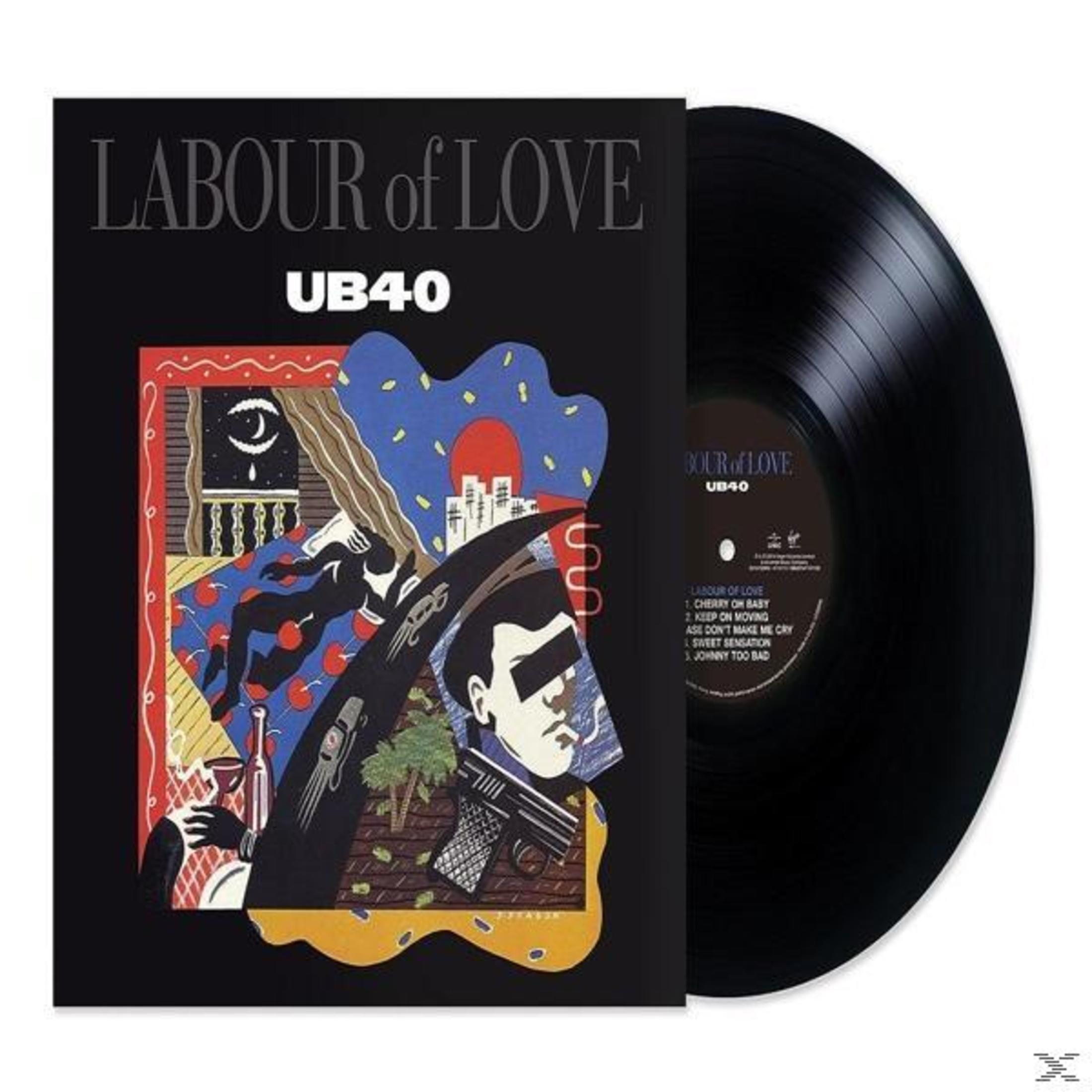 Albumhoes van UB40, albumtitel 'Labour of Love' op zwarte achtergrond. Vinylplaat rechts.