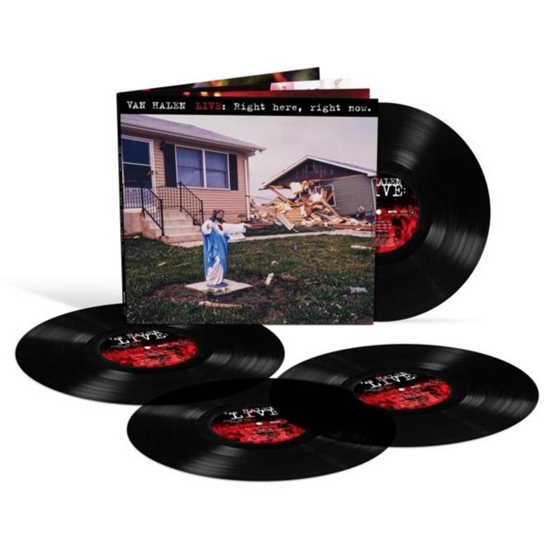 Van Halen albumhoes met een standbeeld van een persoon, een beschadigd huis en drie vinylplaten.