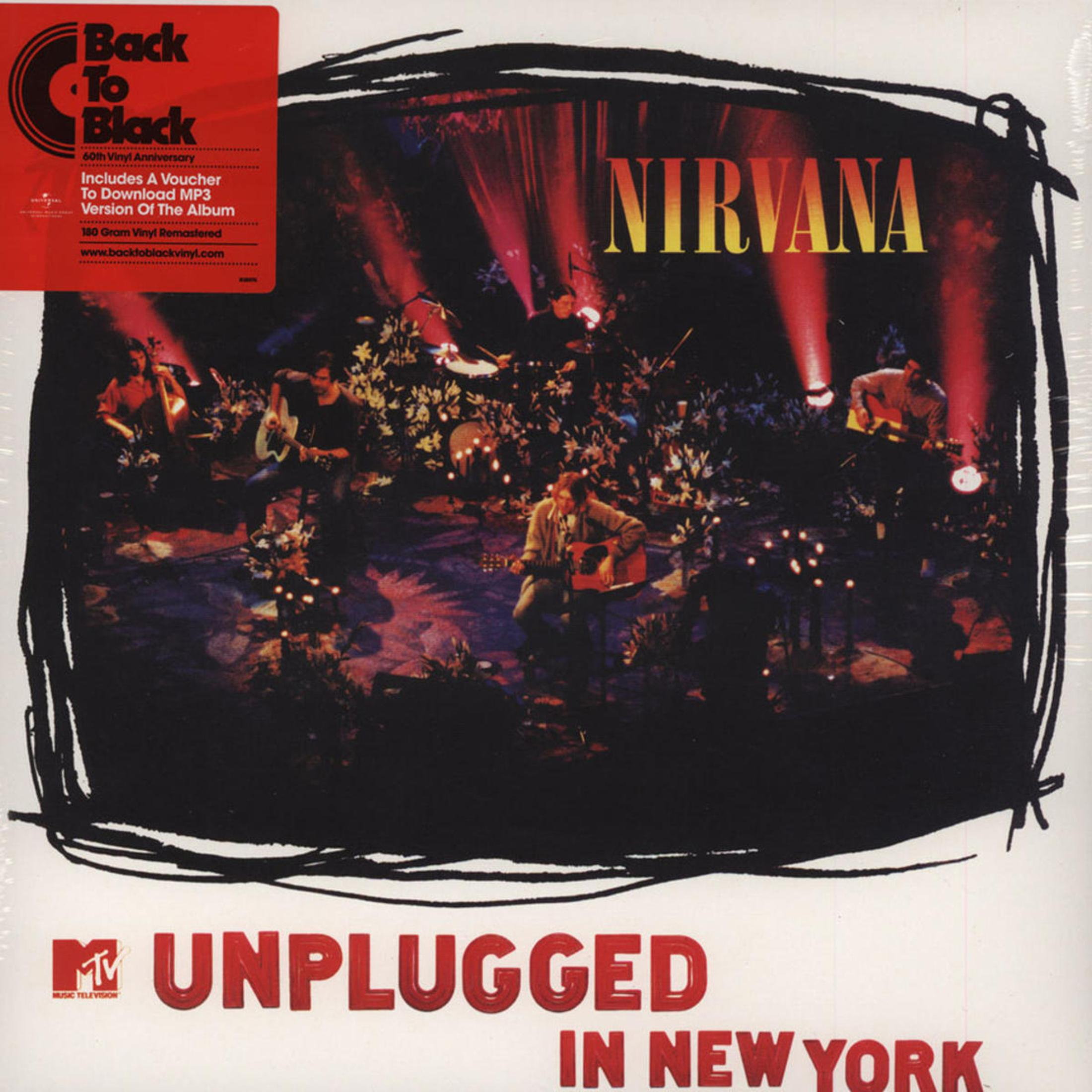 Copertina dell'album 'Unplugged in New York' dei Nirvana. Band sul palco, luci rosse, sfondo nero, con titolo dell'album.