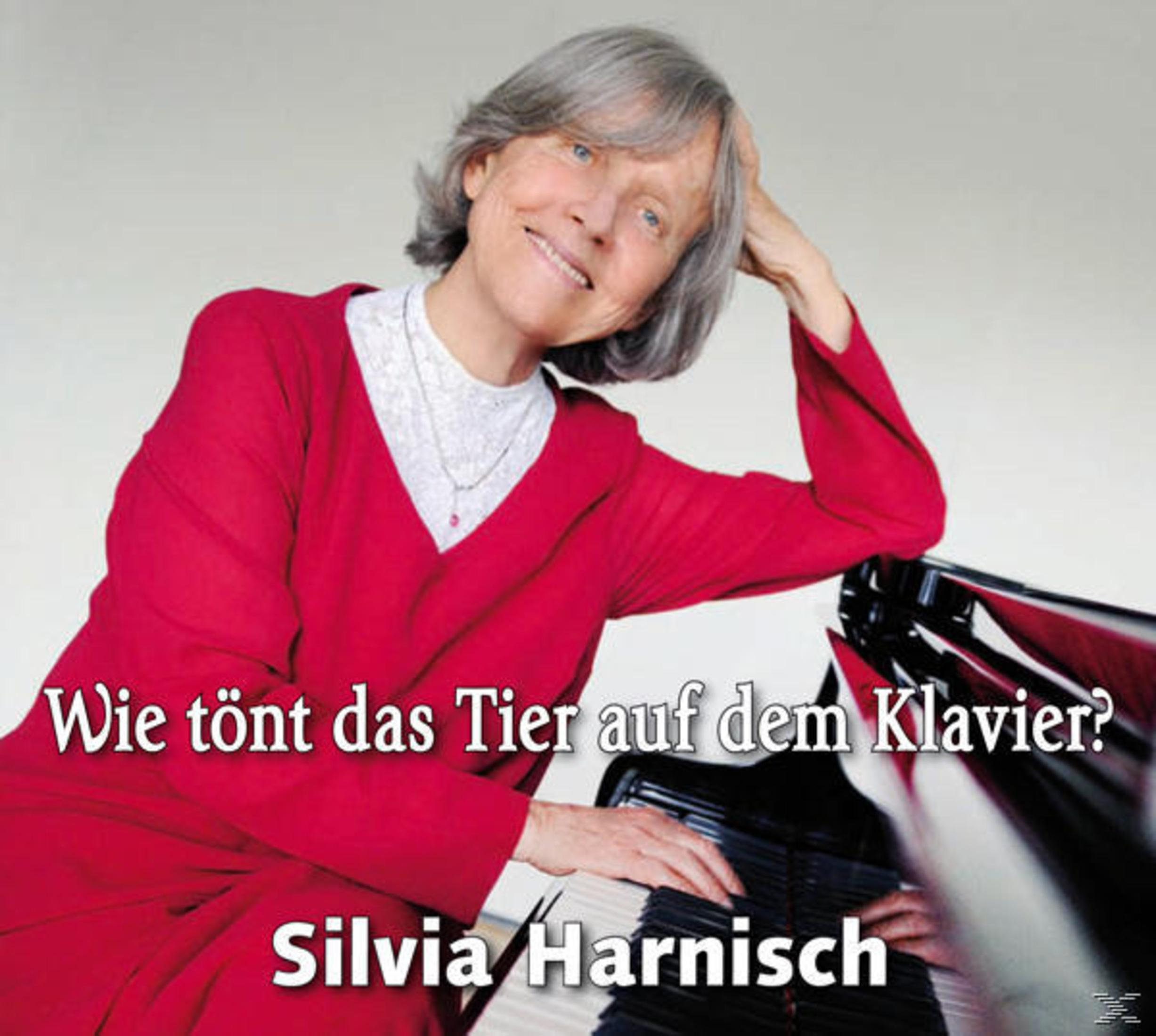 Une femme en robe rouge joue du piano. Texte sur l'image : Wie tönt das Tier auf dem Klavier ?