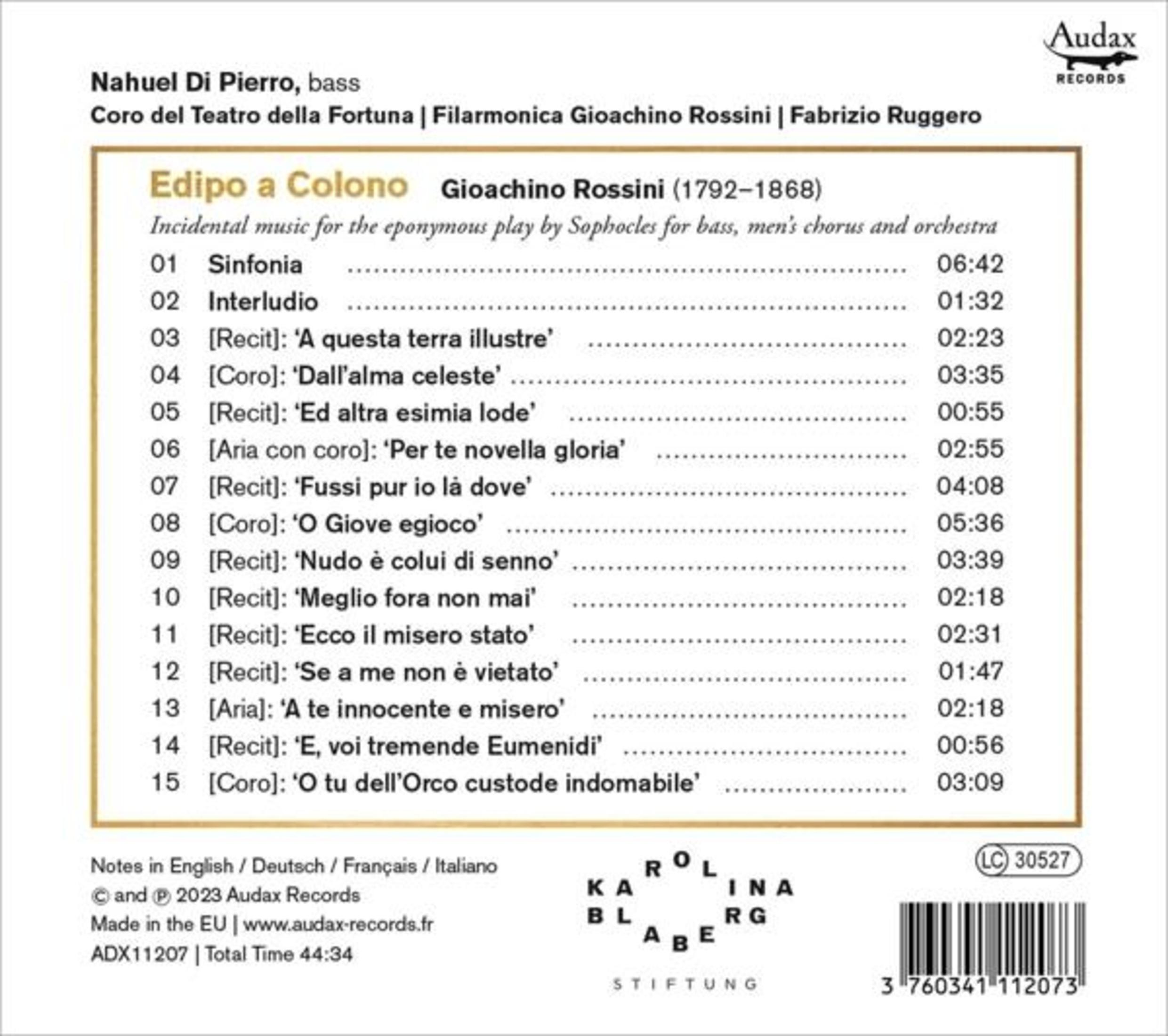 Copertina dell'album: Edipo a Colono, di Rossini. Testo che elenca brani musicali. Immagine in bianco e nero.