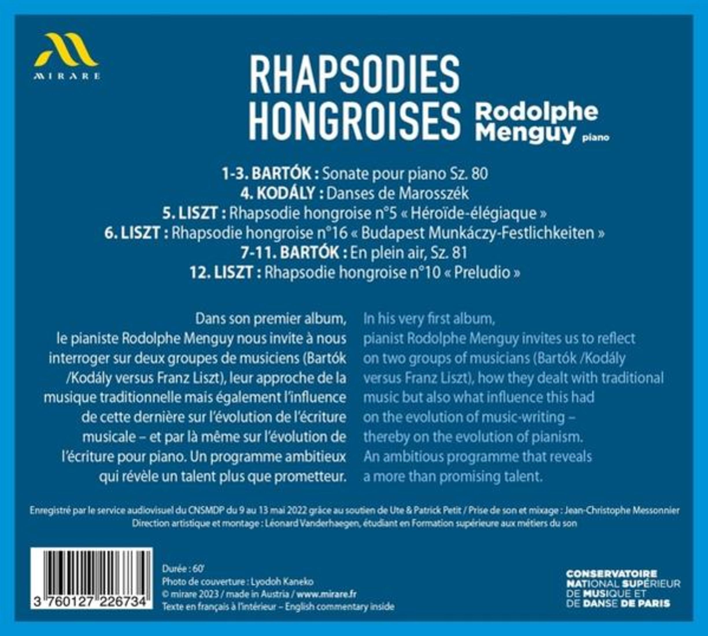 Copertina dell'album con testo in francese, con note sulla musica per pianoforte di Rodolphe Menguy.