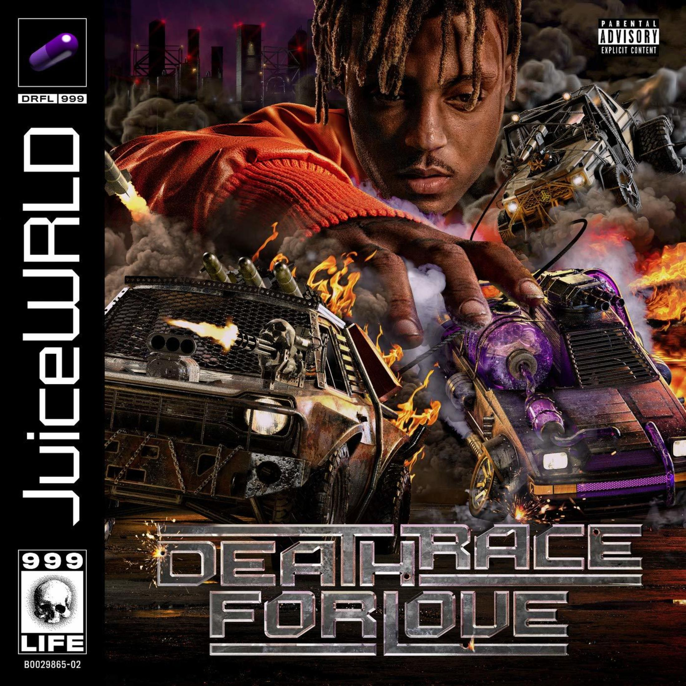 Albumhoes. Een mannengezicht, auto's, vuur en tekst op een donkere achtergrond. Juice WRLD albumkunst.
