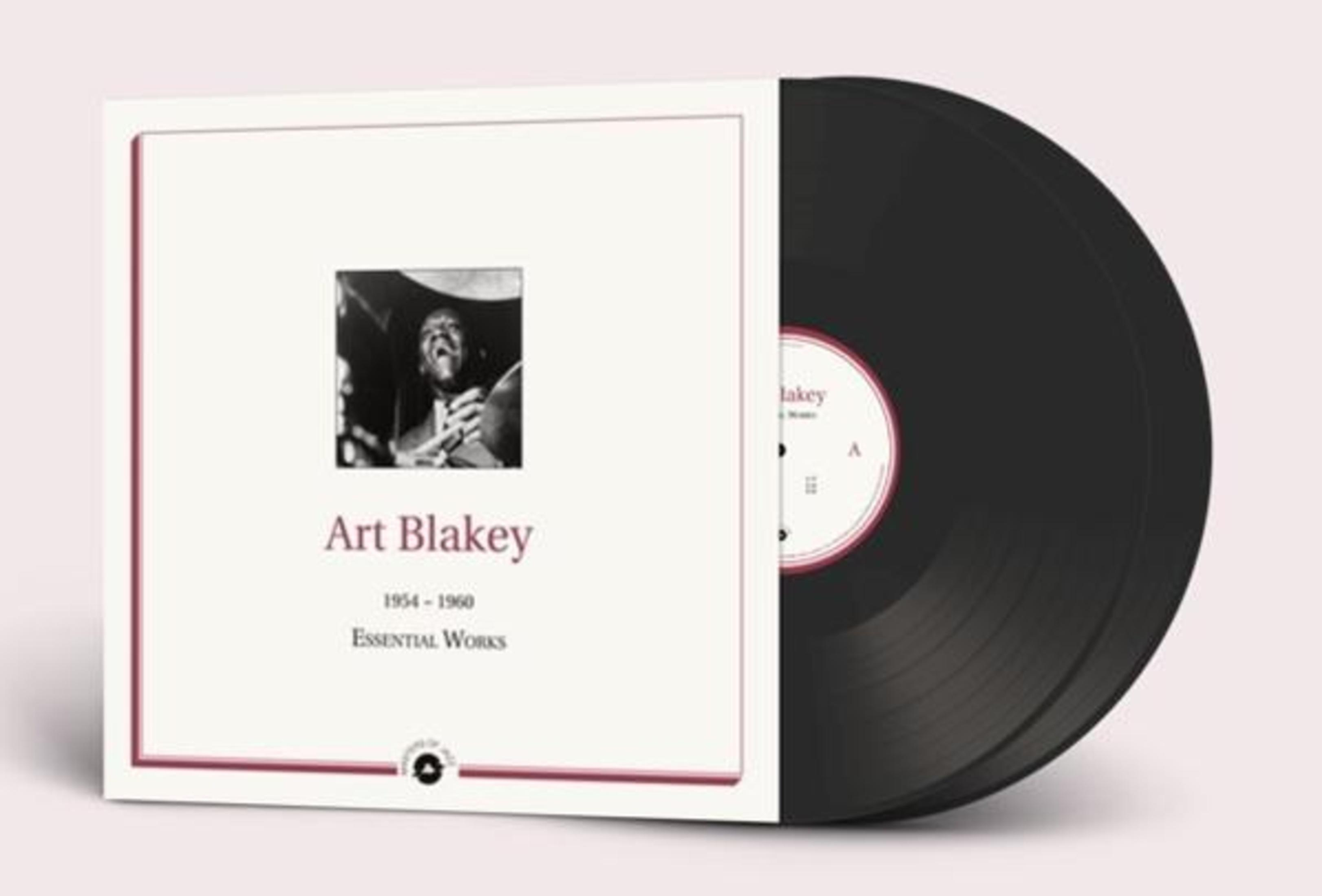 Copertina dell'album con disco nero. Testo: Art Blakey, Essential Works, 1954-1960. Sfondo beige.