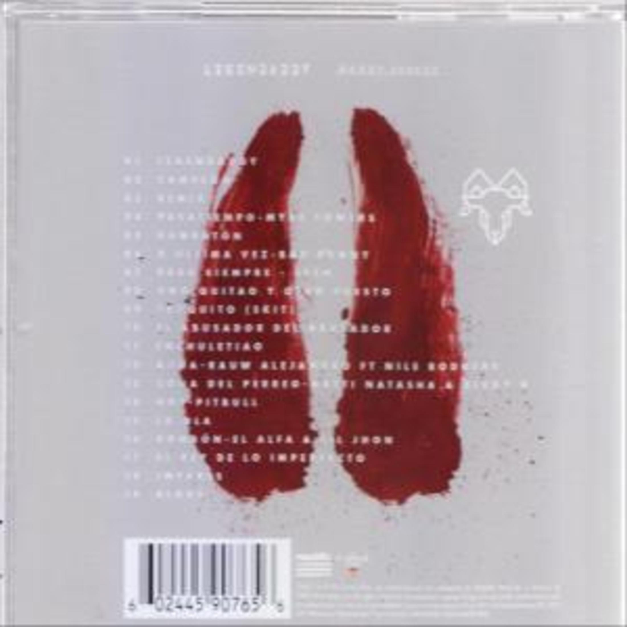 Retro copertina dell'album con due impronte di zoccoli rosse. Testo in spagnolo e un logo bianco.