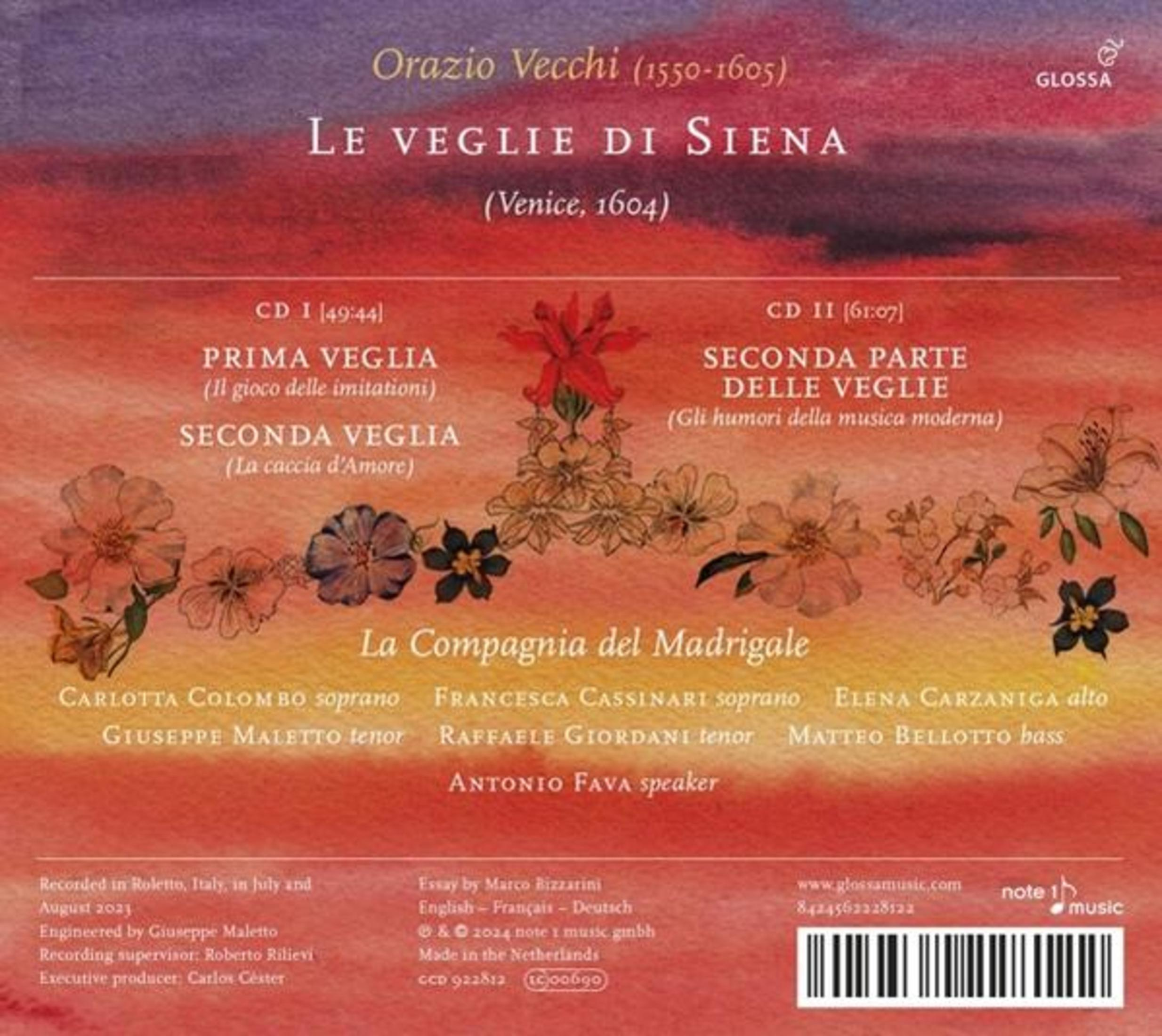 Albumcover. Text: Orazio Vecchi. Titel: Le Veglie Di Siena. Mit floraler Kunst.