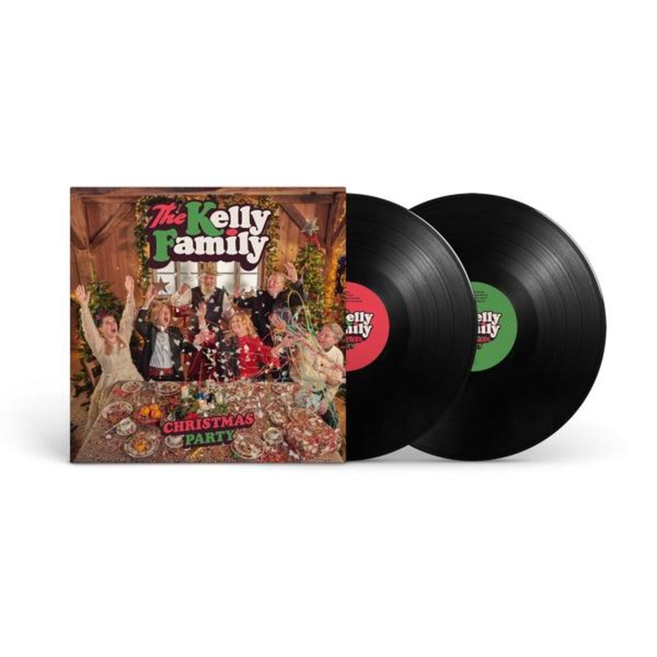 Pochette de l'album The Kelly Family et deux disques vinyles noirs. Fête de Noël.