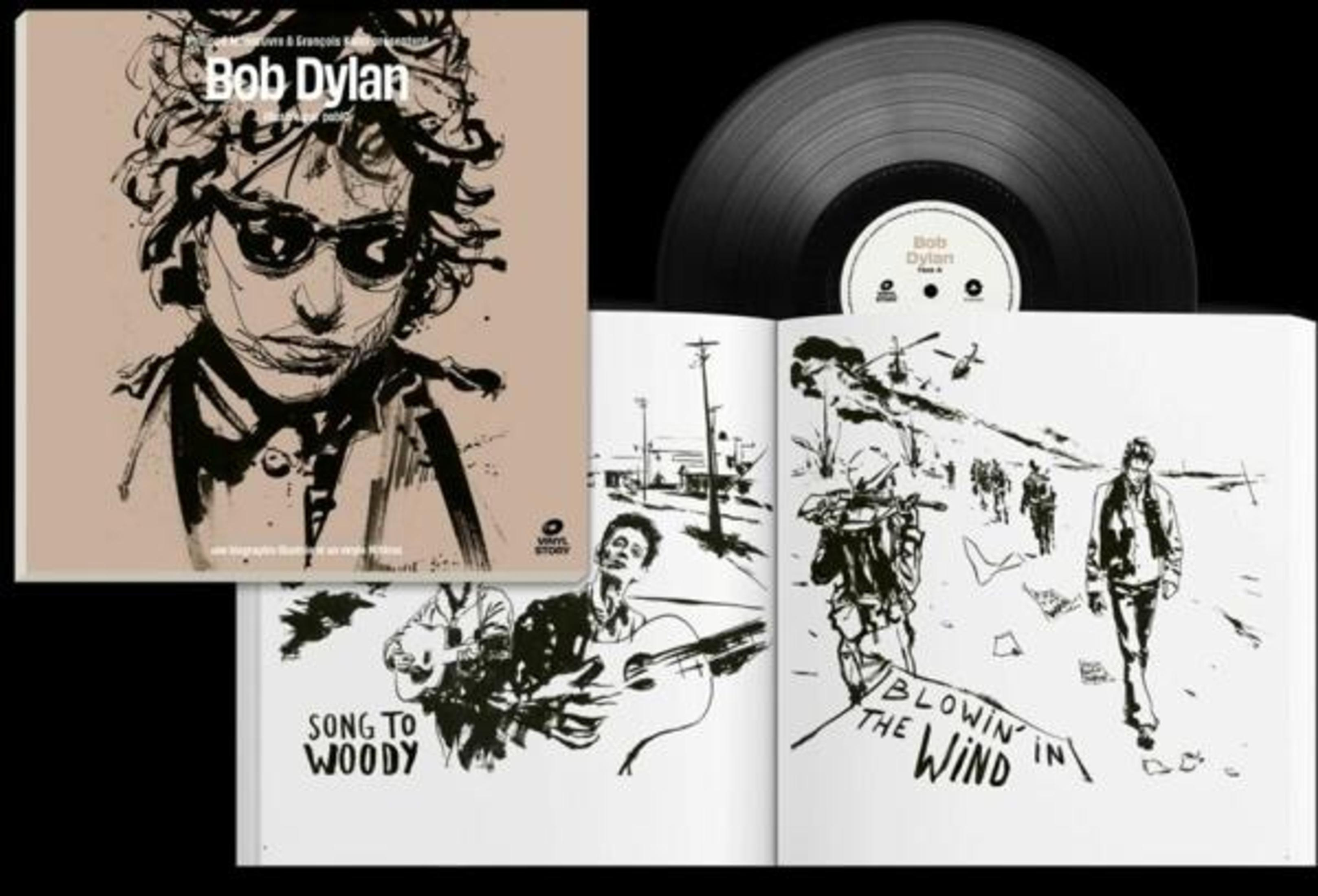 Copertina dell'album di Bob Dylan con illustrazioni. Disegni in bianco e nero. Vinile e un libro sono mostrati.