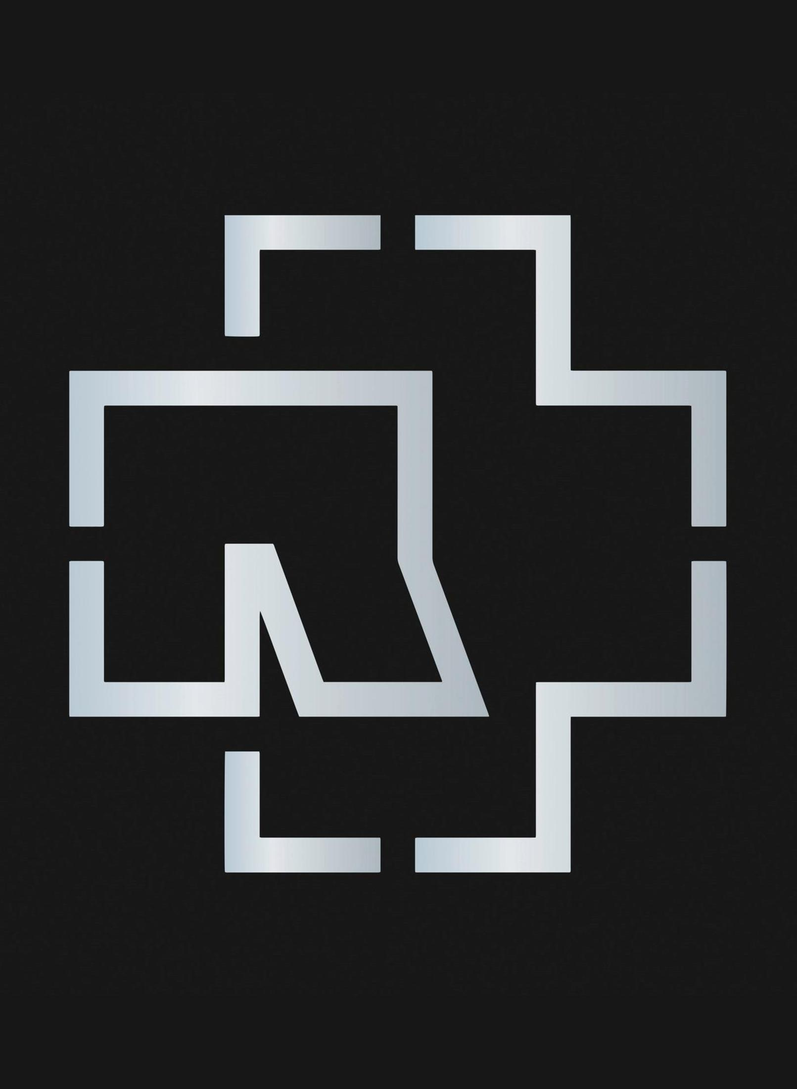 Het Rammstein-logo, een gestileerd kruis met de letter 'R' erin, op een zwarte achtergrond.