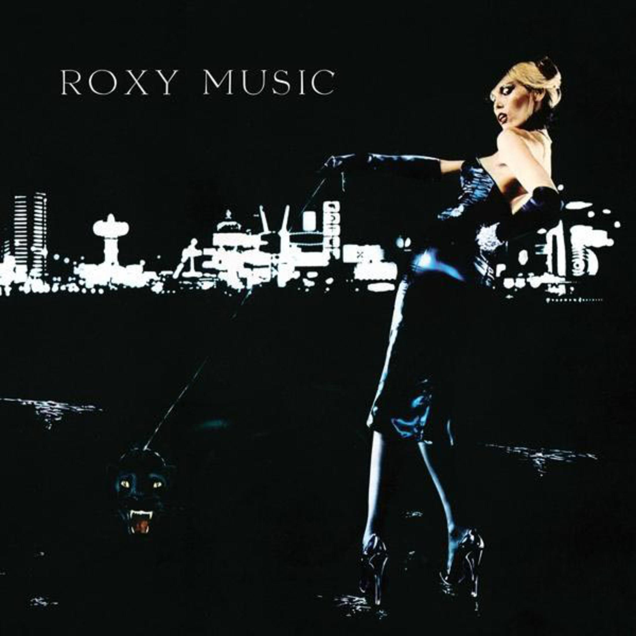 Roxy Music albumhoes: vrouw in zwarte jurk, houdt een riem vast aan een zwarte panter, nachtscène.