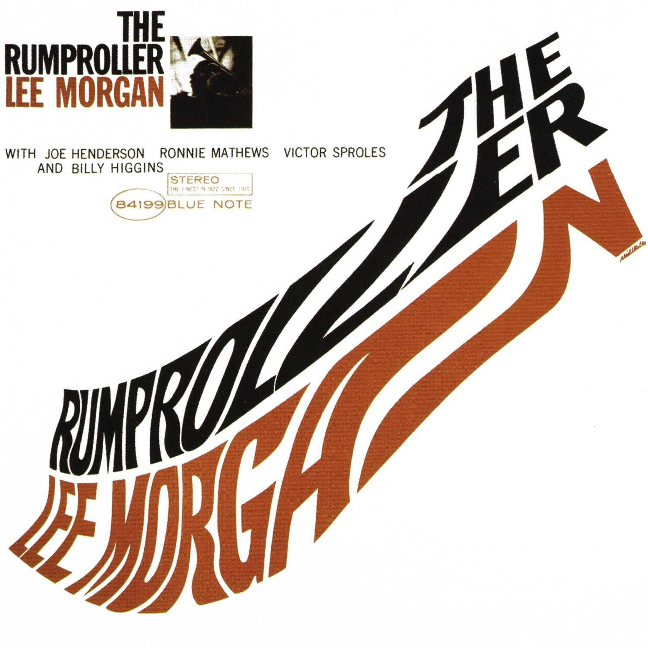 Pochette d'album avec texte stylisé 'The Rumproller Lee Morgan' et design jazz en orange et noir.