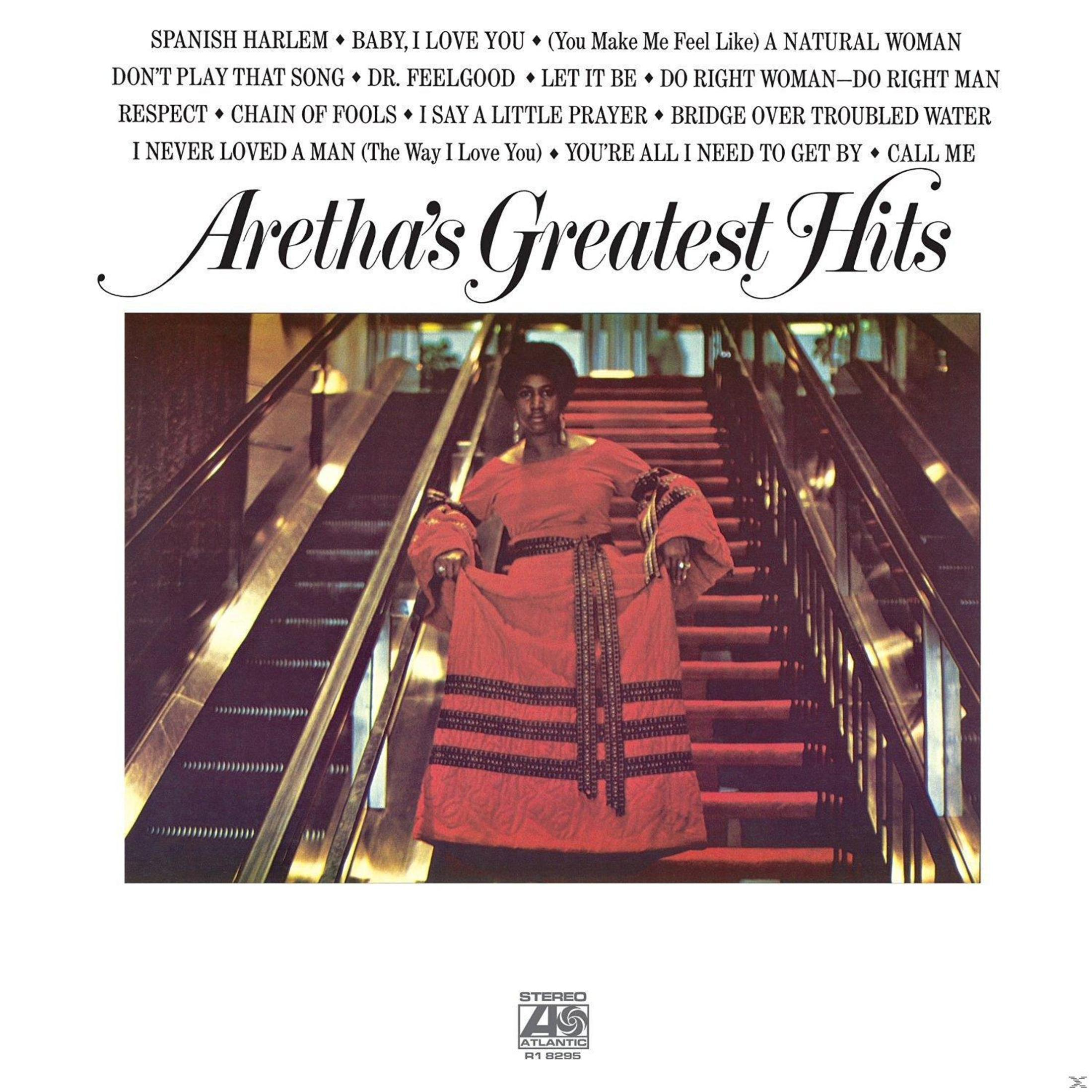 Copertina dell'album di Aretha Franklin: donna in abito rosso su una scala, titolo dell'album e scaletta.