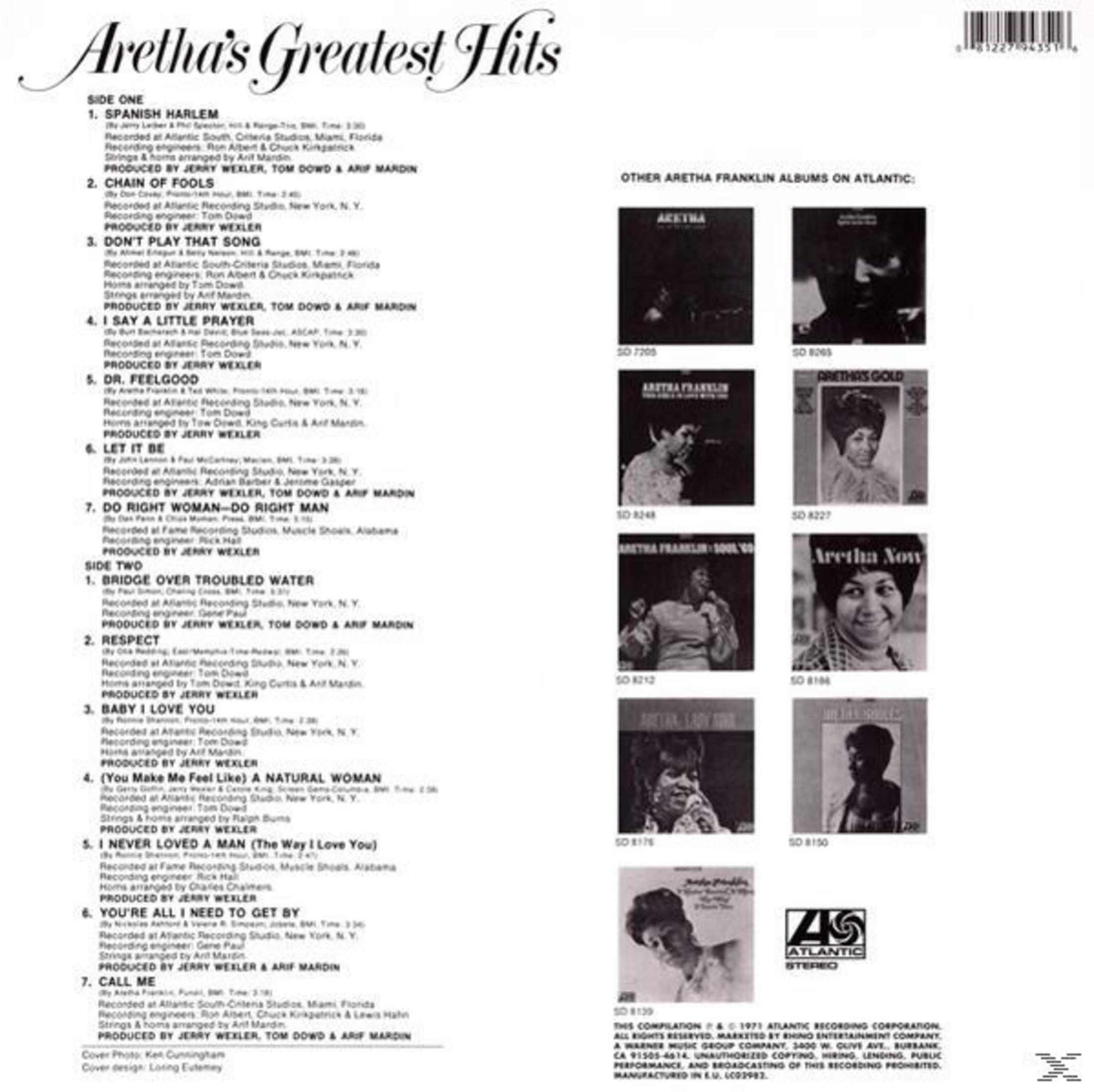 Retro copertina dell'album Aretha's Greatest Hits. Titoli delle canzoni e altre copertine di album.