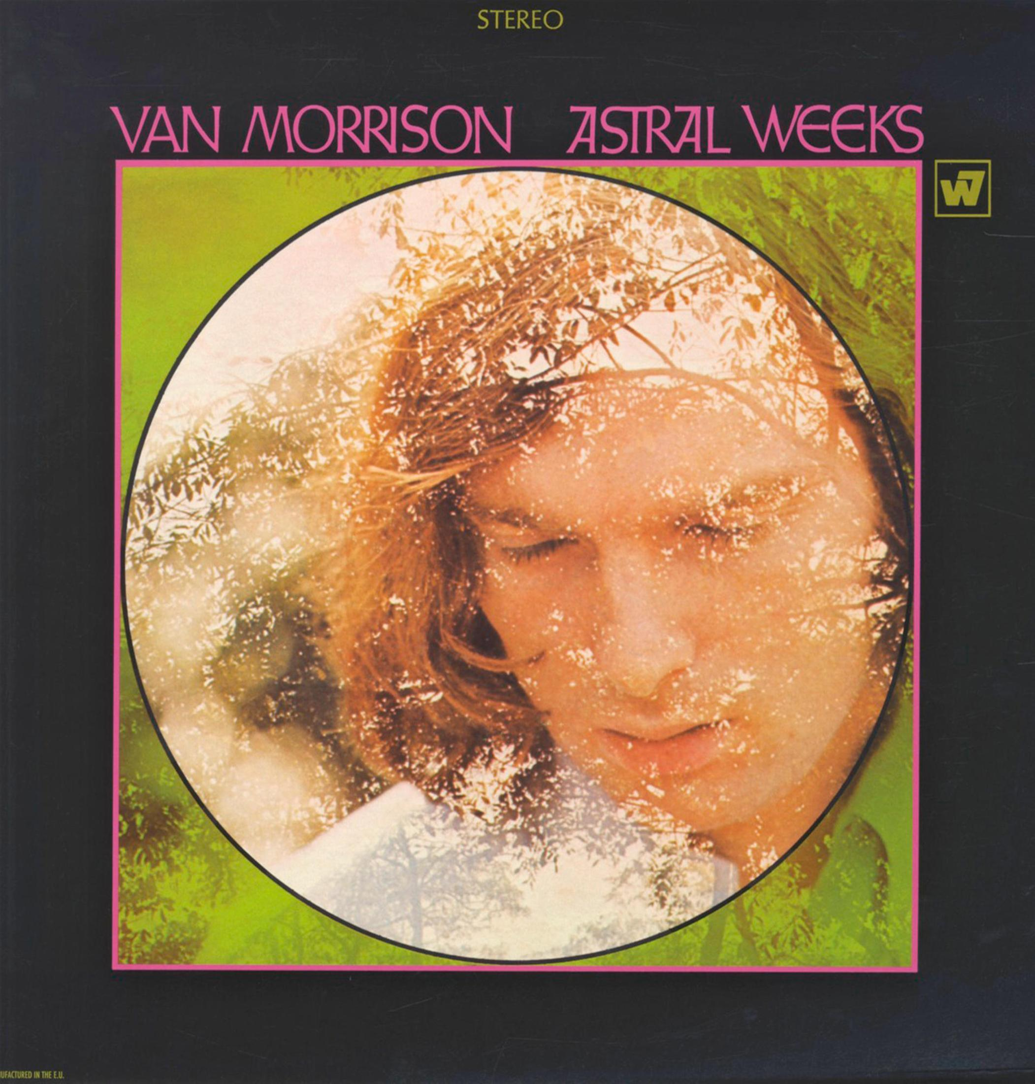 Copertina dell'album Astral Weeks di Van Morrison. Volto di uomo all'interno di un cerchio con sfondo verde e rosa.