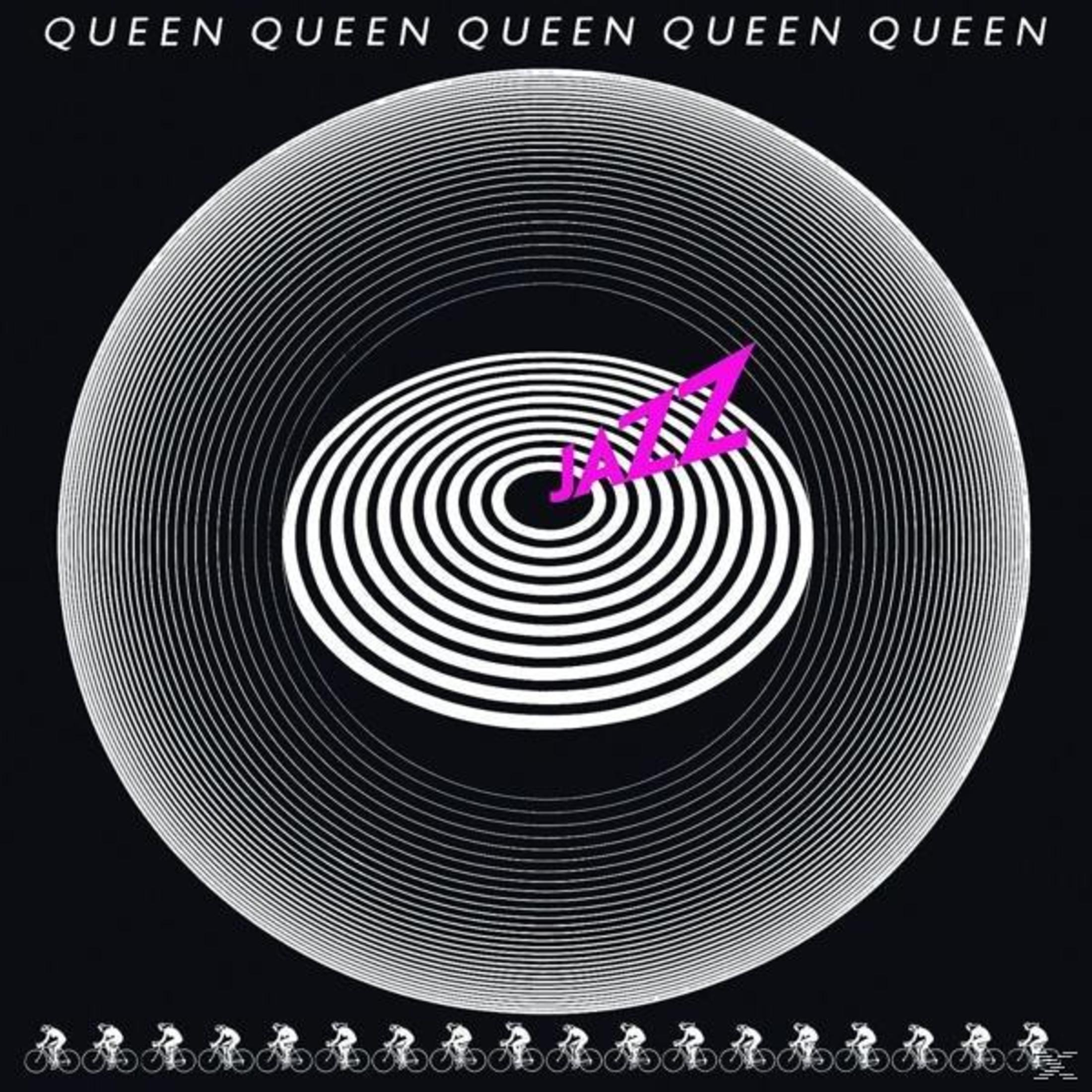 Pochette d'album avec fond noir, cercles concentriques blancs et le mot 'JAZZ' en rose.