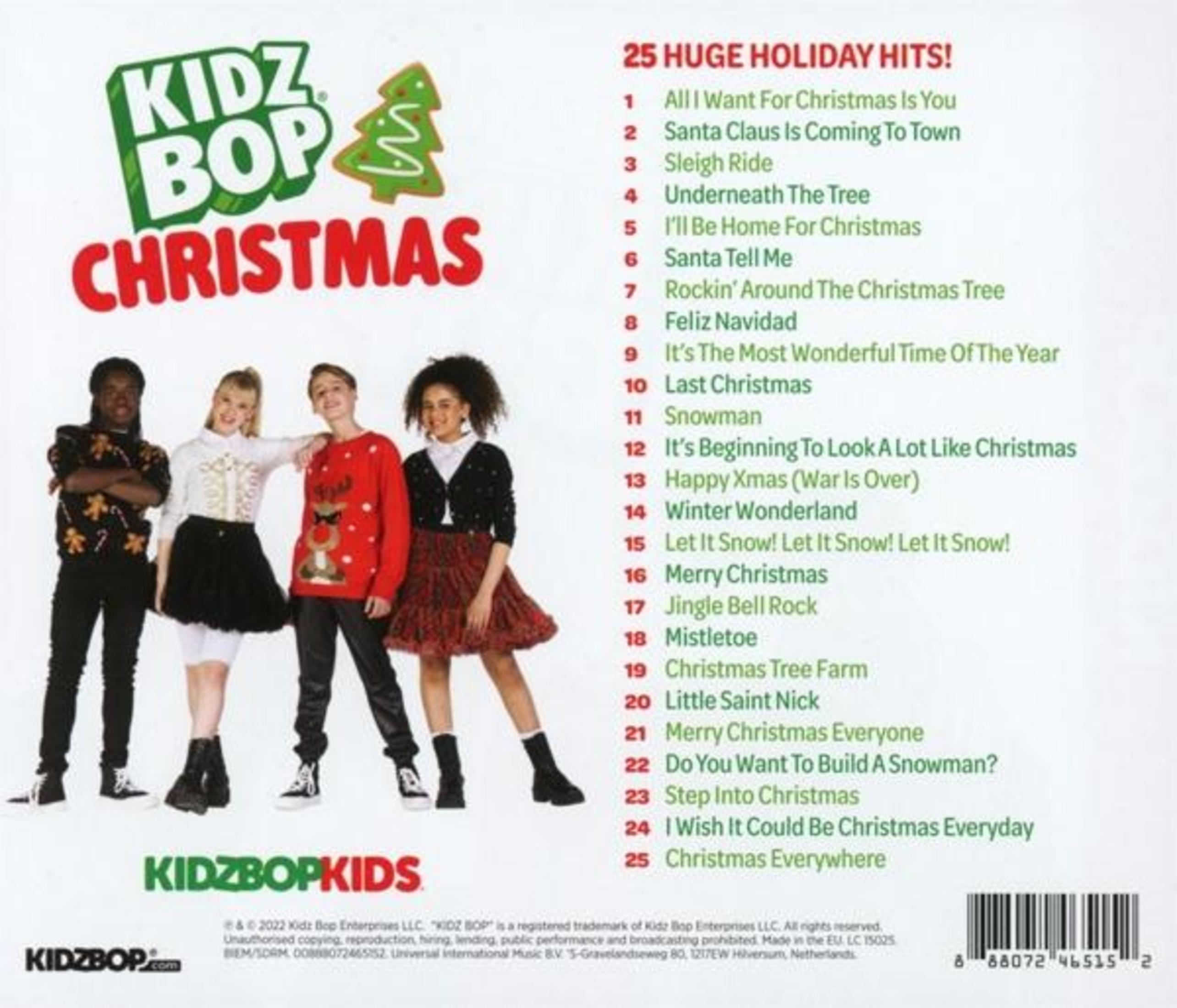 Copertina dell'album Kidz Bop Christmas, con quattro bambini, un albero di Natale e una lista di canzoni natalizie.