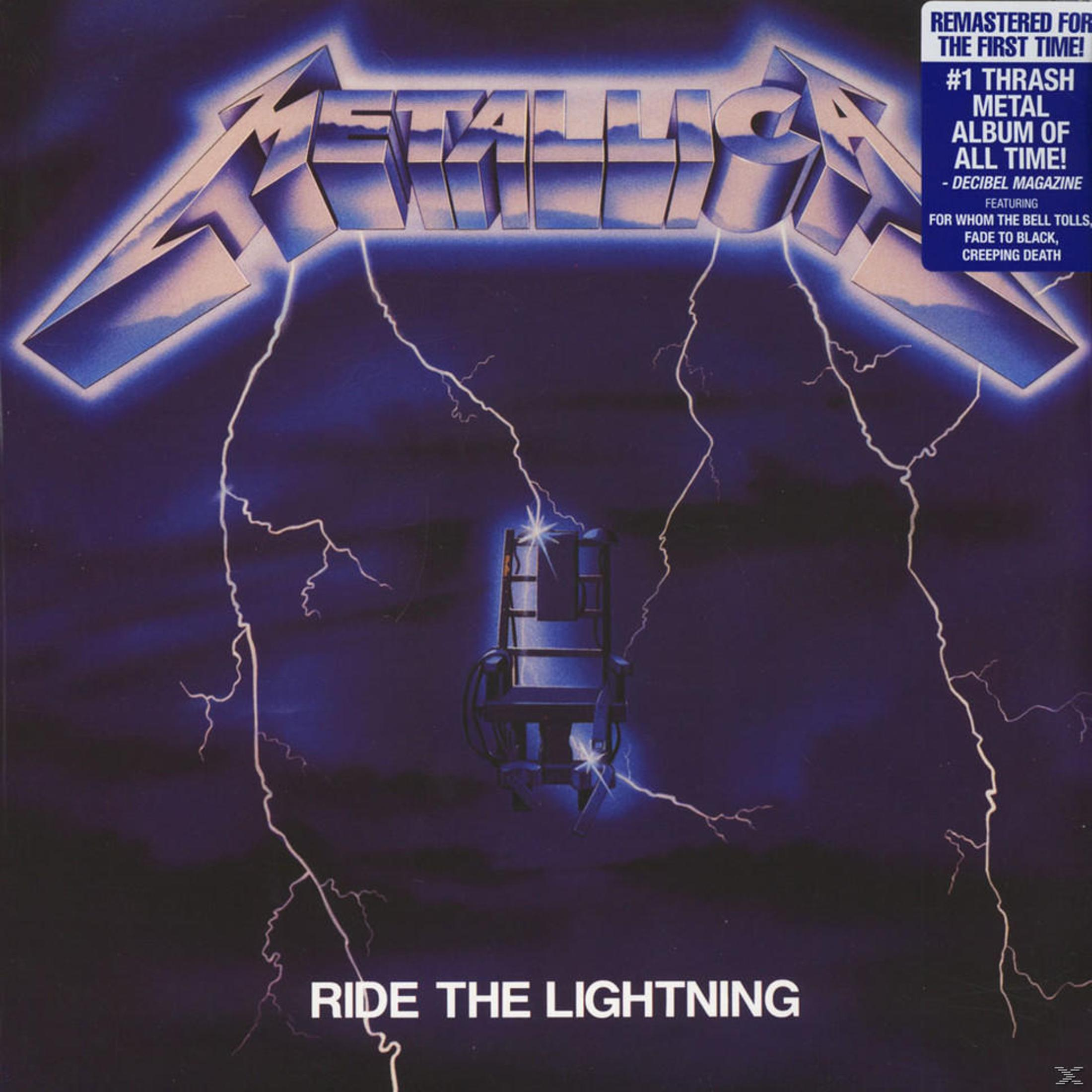 Copertina dell'album con i Metallica. Sedia elettrica e fulmini. Testo: Ride the Lightning.