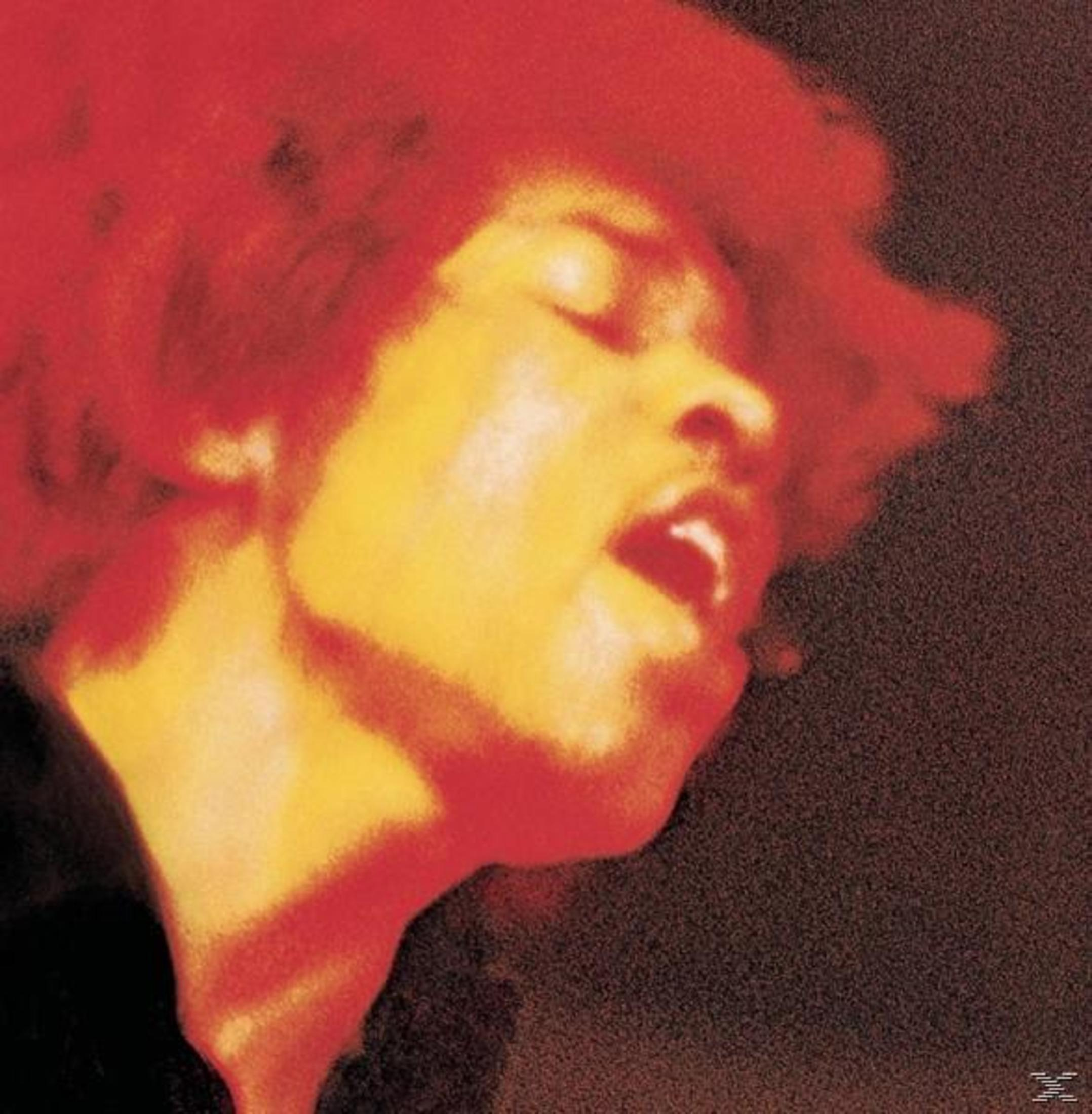 Album cover. Close-up of Jimi Hendrix singing. Red and yellow hues.