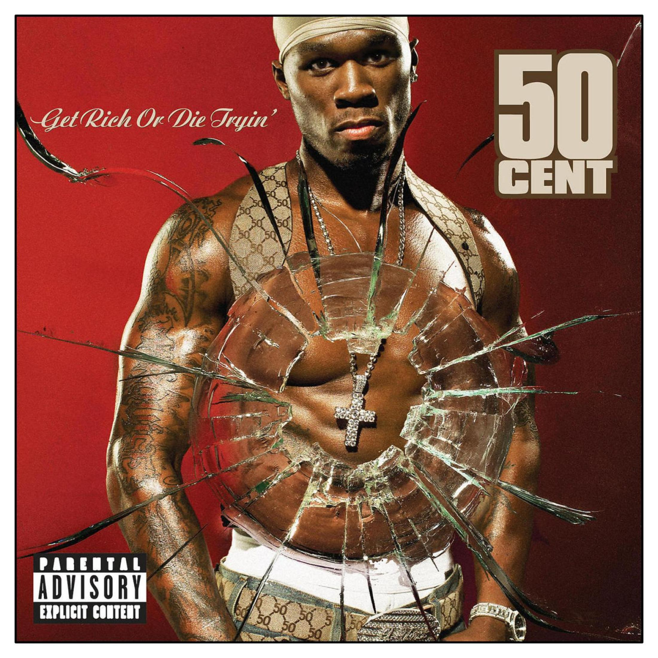 Copertina dell'album di 50 Cent. Uomo con un vetro rotto sul petto. Sfondo rosso, Get Rich Or Die Tryin'.