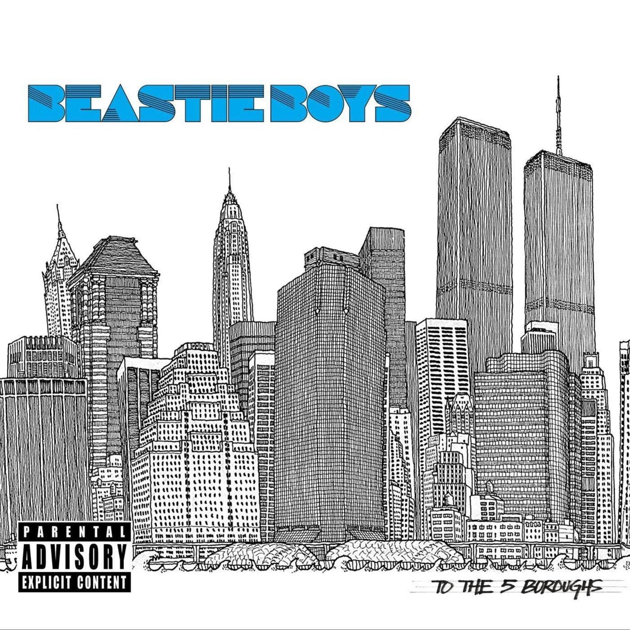 Beastie Boys albumhoes. Skyline van New York City in zwart-wit. To the 5 Boroughs.