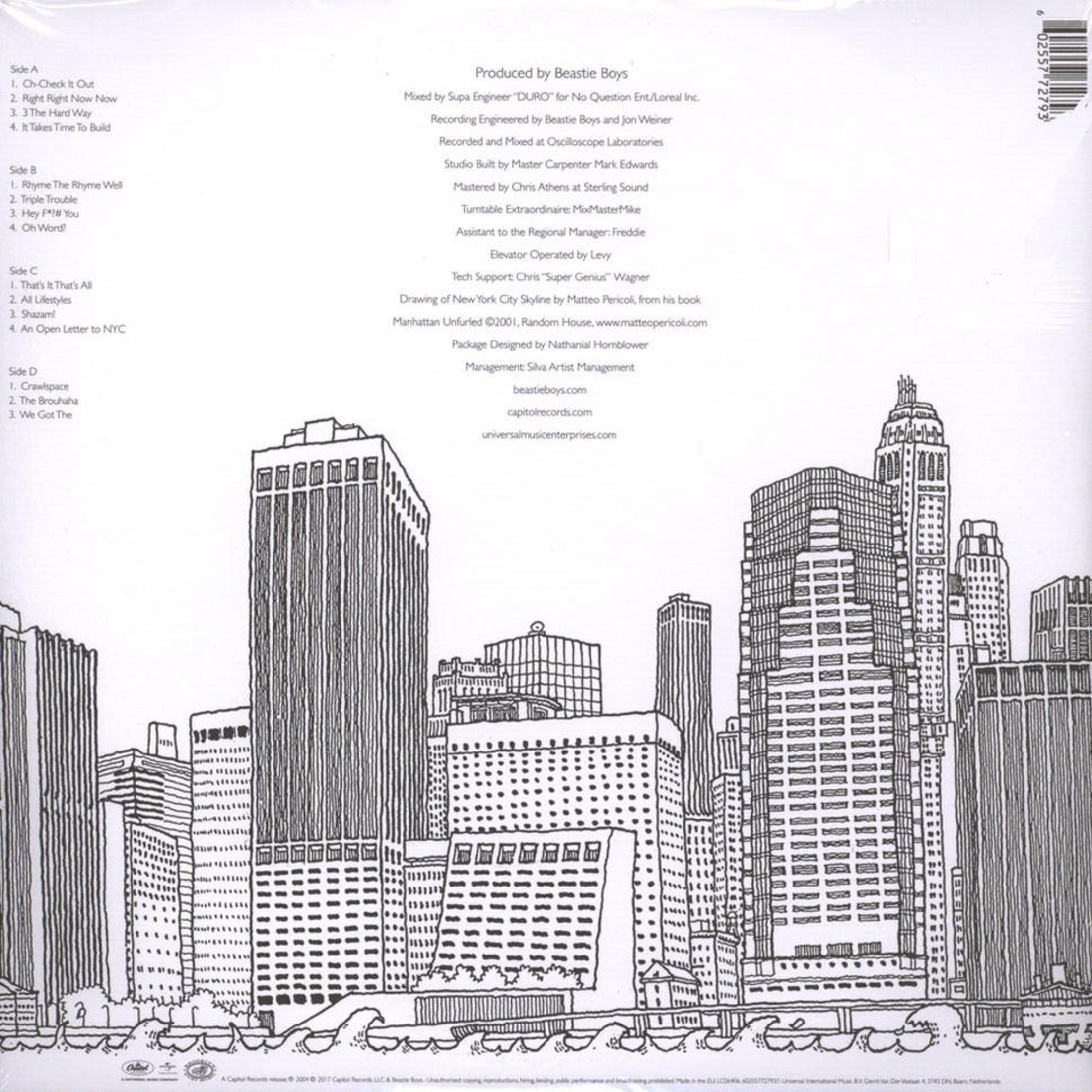 Achterkant album met een illustratie van de skyline van New York en songtitels.