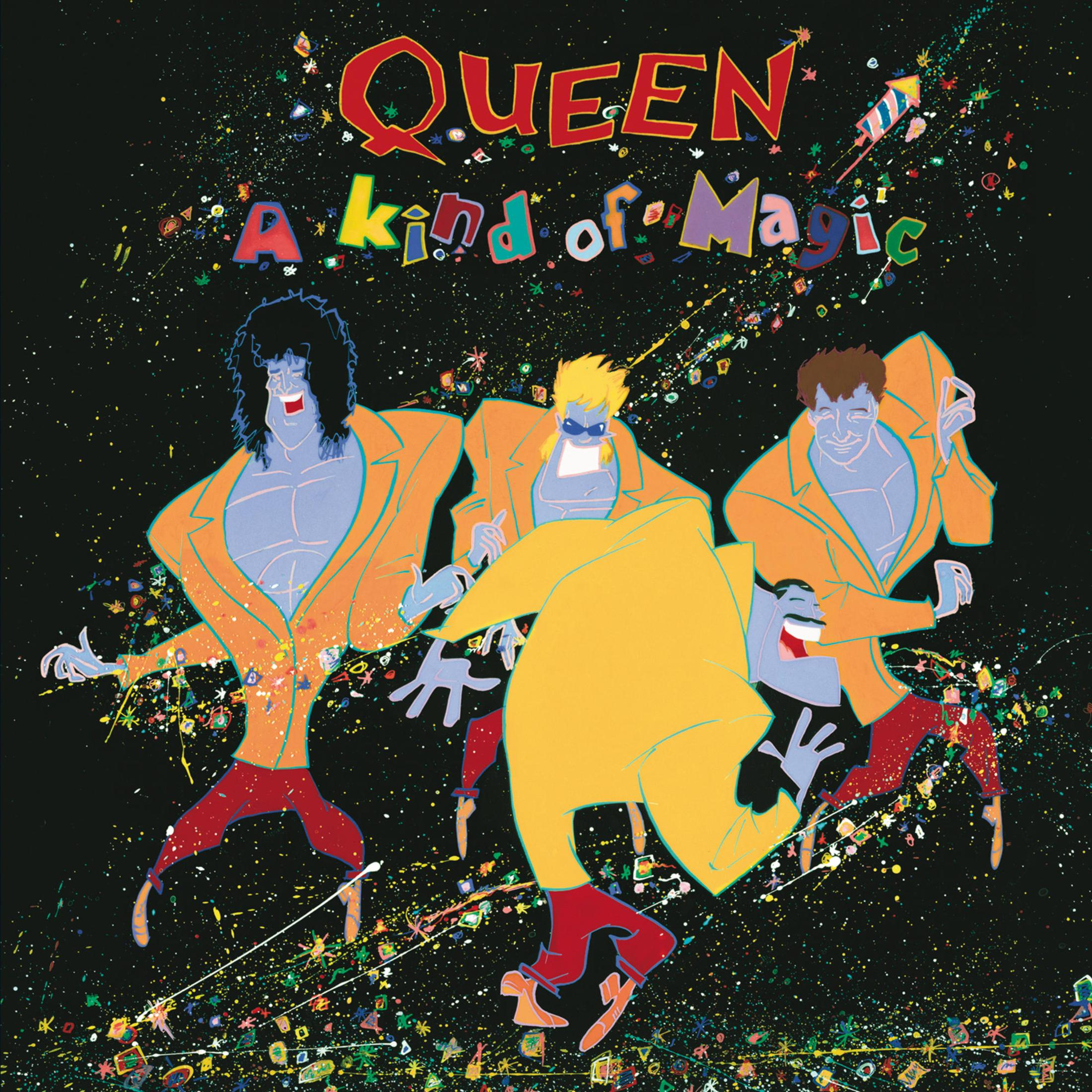 Pochette d'album avec les membres du groupe Queen en style cartoon. Dit Queen, A Kind of Magic, avec un fond coloré.