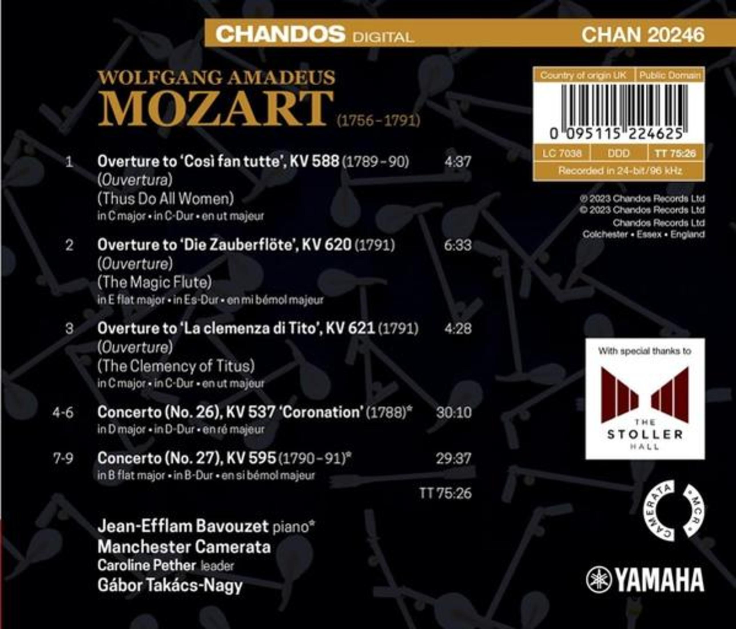 Copertina dell'album: composizioni di Mozart elencate, con codice a barre e informazioni sulla registrazione. Testo bianco su sfondo scuro.
