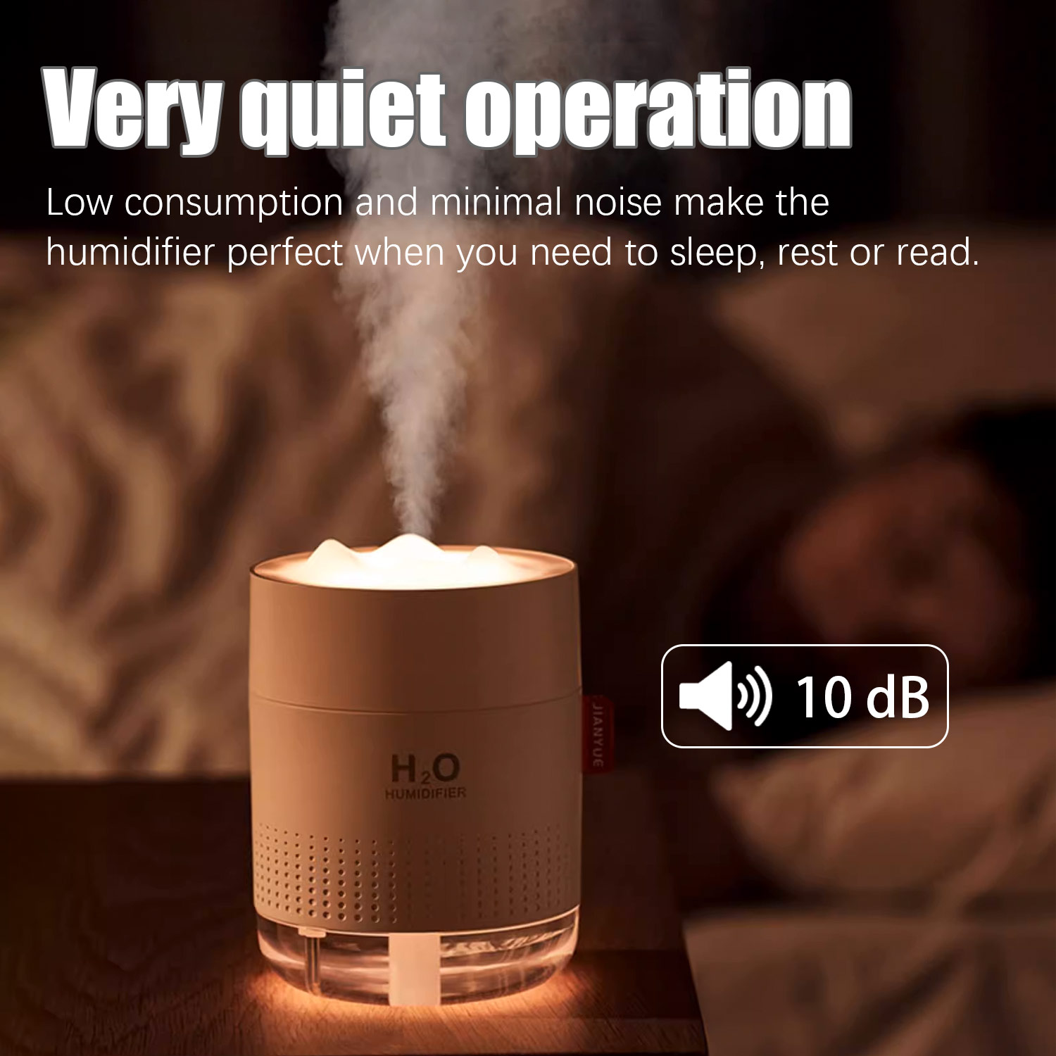 Nawilżacz powietrza z osobą w tle. Białe tło.