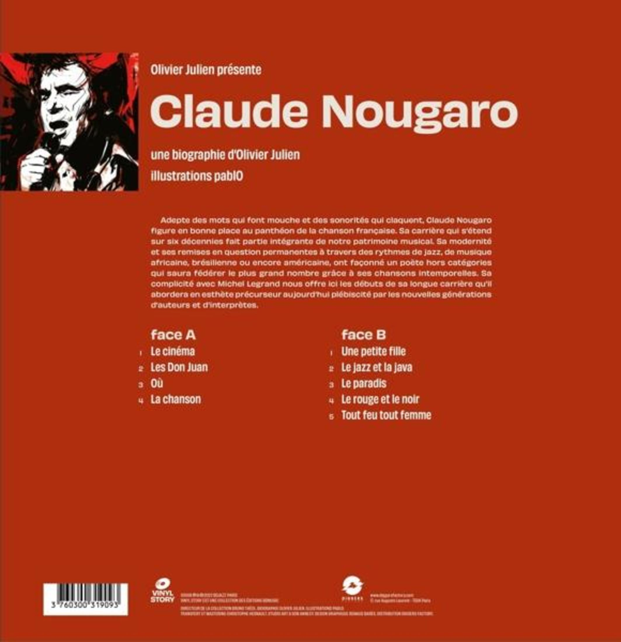 Copertina dell'album: Ritratto di Claude Nougaro con testo sulla sua biografia. Design rosso e bianco.