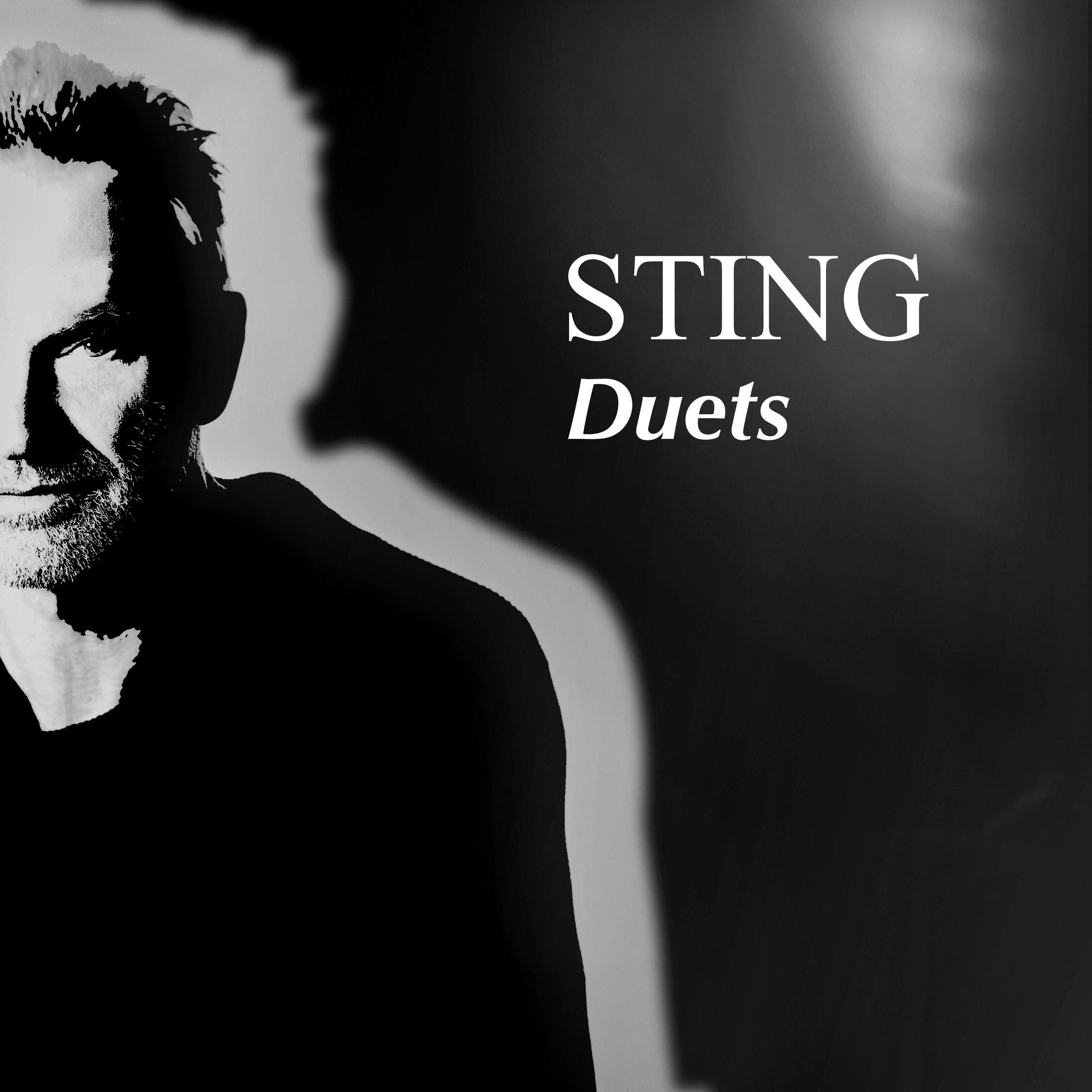 Albumhoes met een zwart-wit afbeelding van Stings gezicht en schaduw. Het woord is 'Duets'.