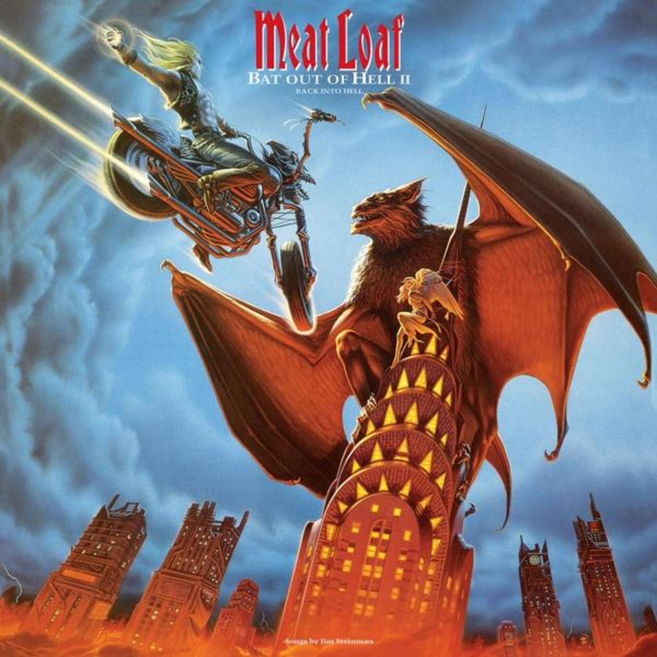 Albumhoes met een motorfiets en een vleermuisachtig wezen. Tekst 'Bat Out of Hell II: Back Into Hell' is zichtbaar.