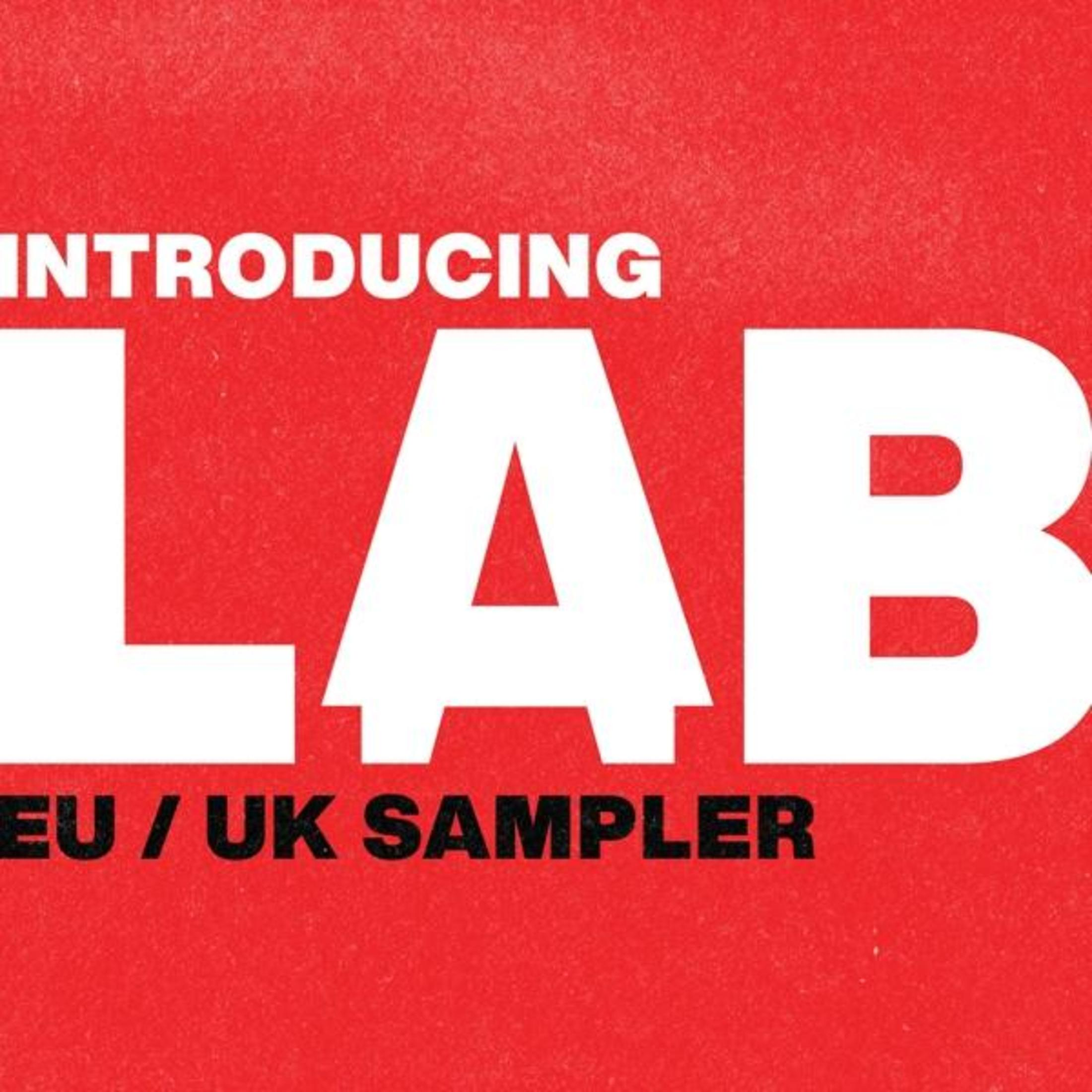 Uno sfondo rosso con testo bianco che dice: INTRODUCING LAB EU / UK SAMPLER.