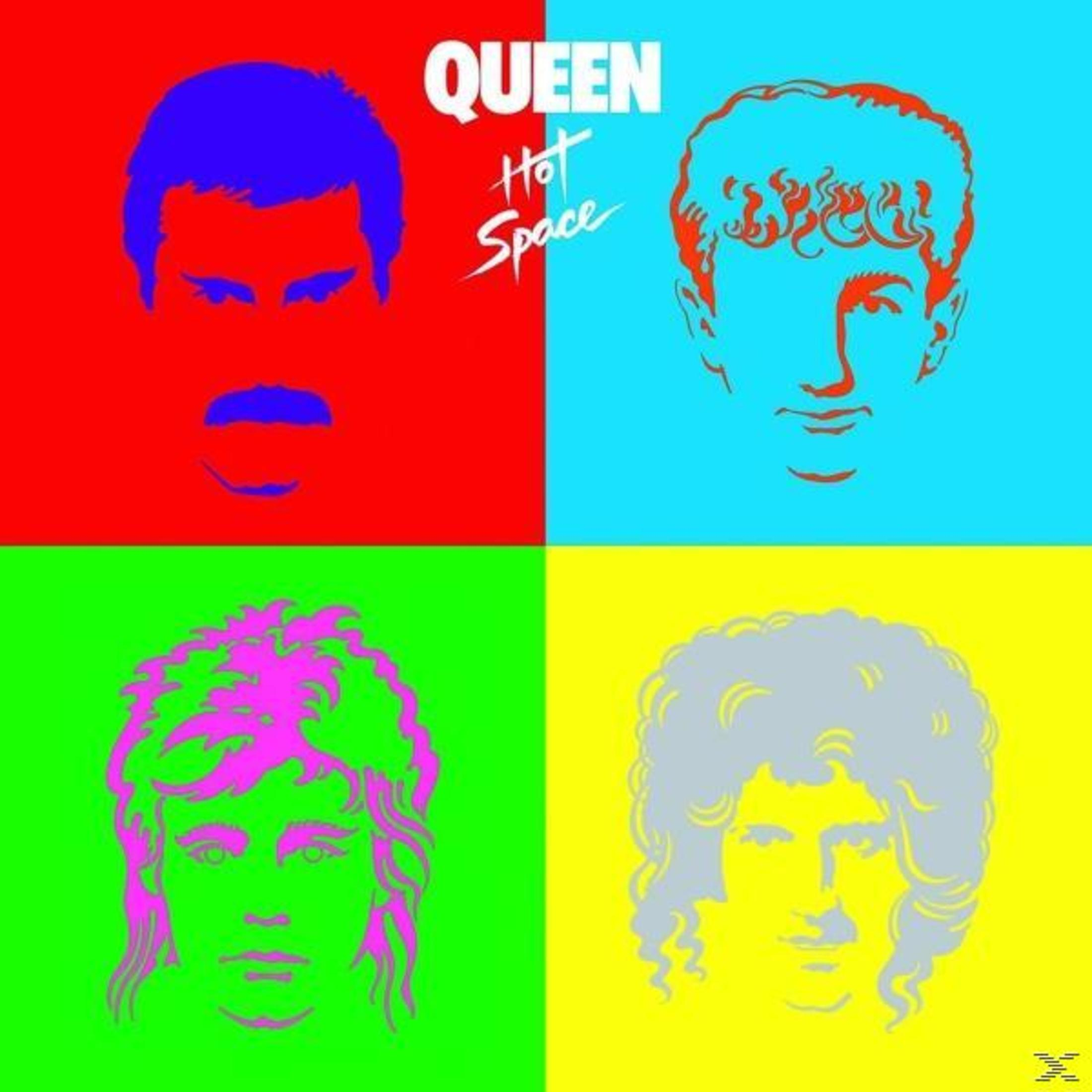 Queen albumhoes, vier gezichten in verschillende kleuren, gezichten in rood, blauw, groen en geel.