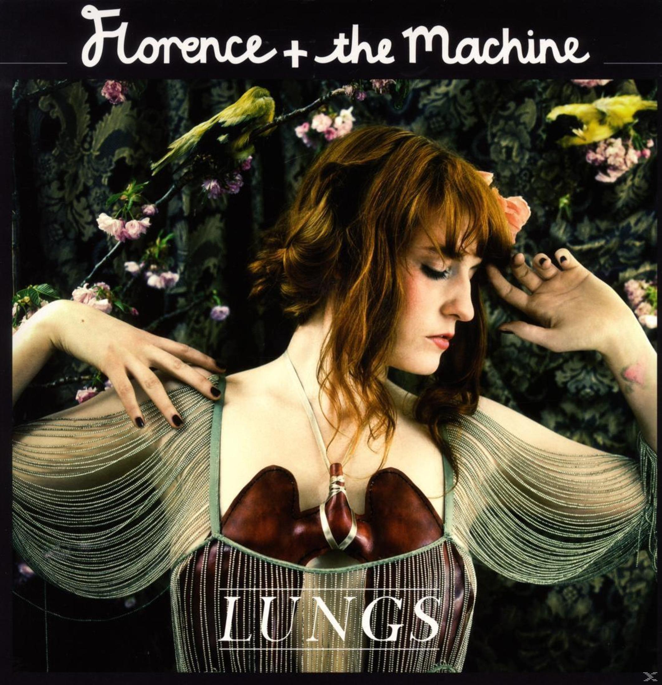 Pochette d'album avec une femme aux cheveux roux. 'Florence + the Machine' en haut, 'LUNGS' en bas.