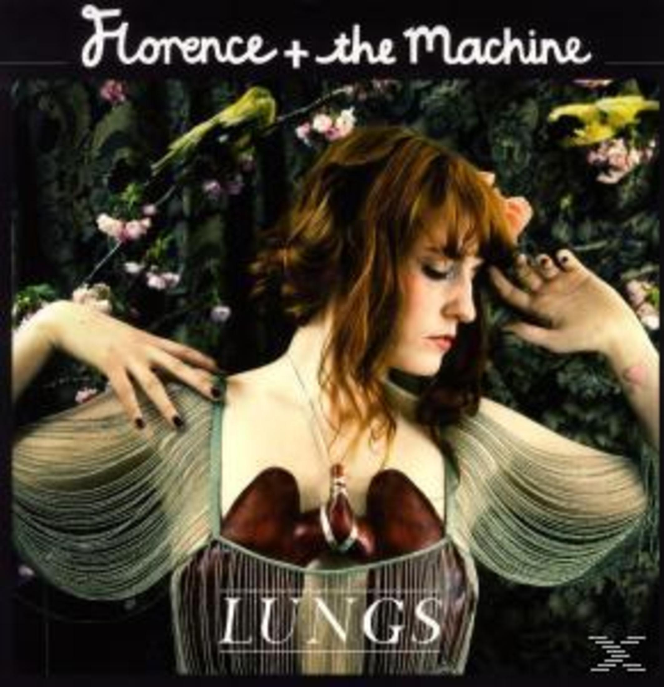 Pochette de l'album 'Lungs' de Florence + the Machine, avec l'artiste et un design de poitrine unique.