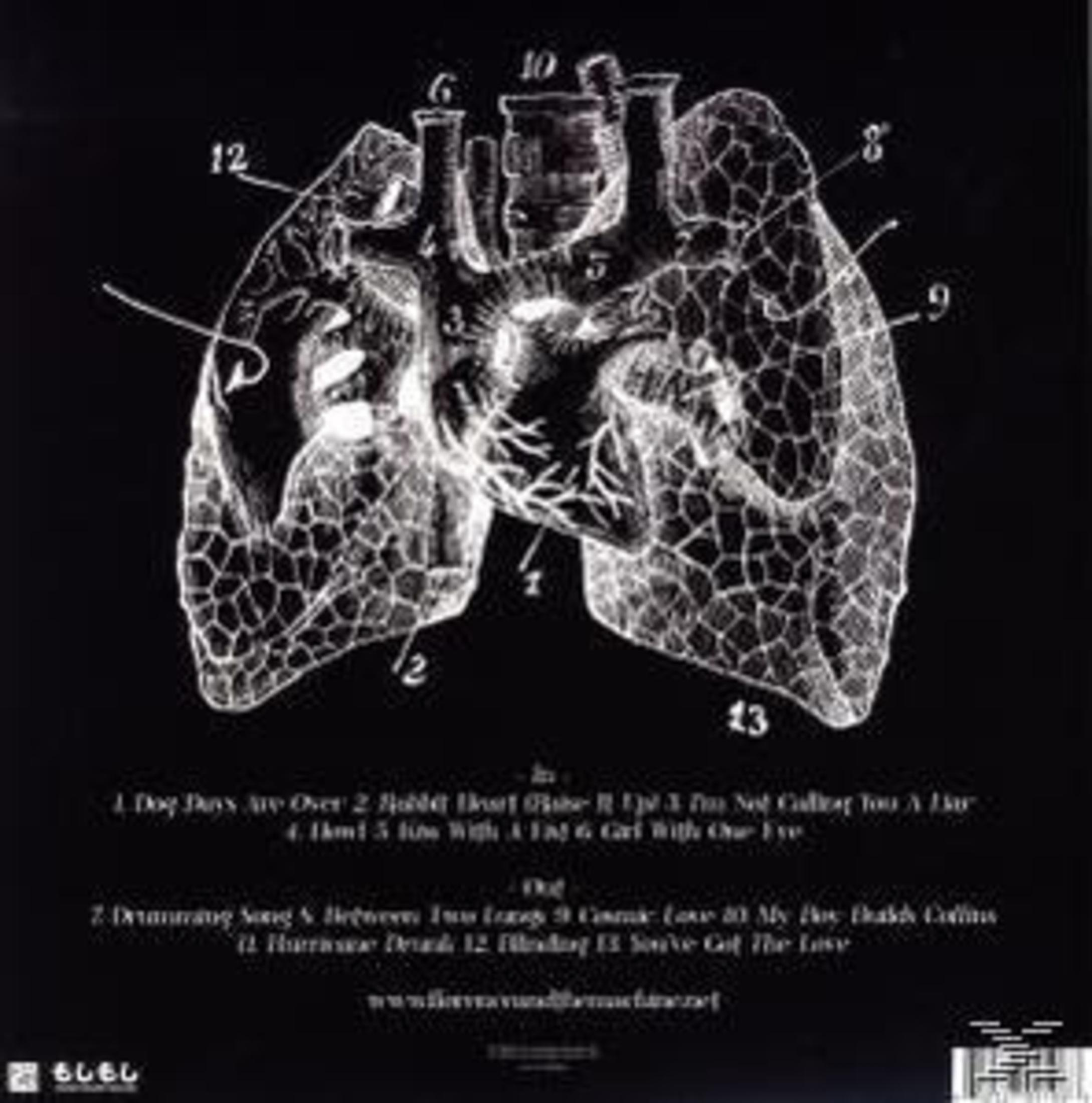 Dos de l'album : Illustration anatomique du cœur et des poumons, fond noir, lignes blanches.