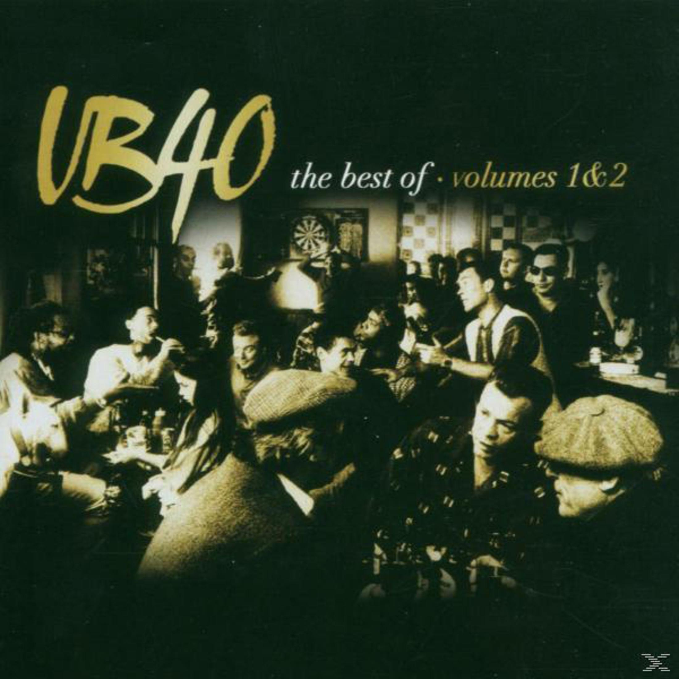 Pochette d'album : UB40, The Best Of, Volumes 1 & 2. Groupe de personnes dans un pub.